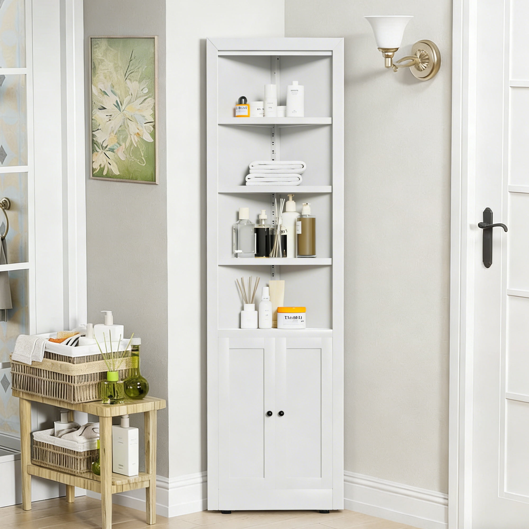 HOQBN 71" Tall Corner Storage Cabinet with 2 Doors,6-Tier Metal Cabinet with Adjustable Shelves,Freestanding Kitchen Storage for Pantry,Living Room,Bathroom,Laundry Room,White