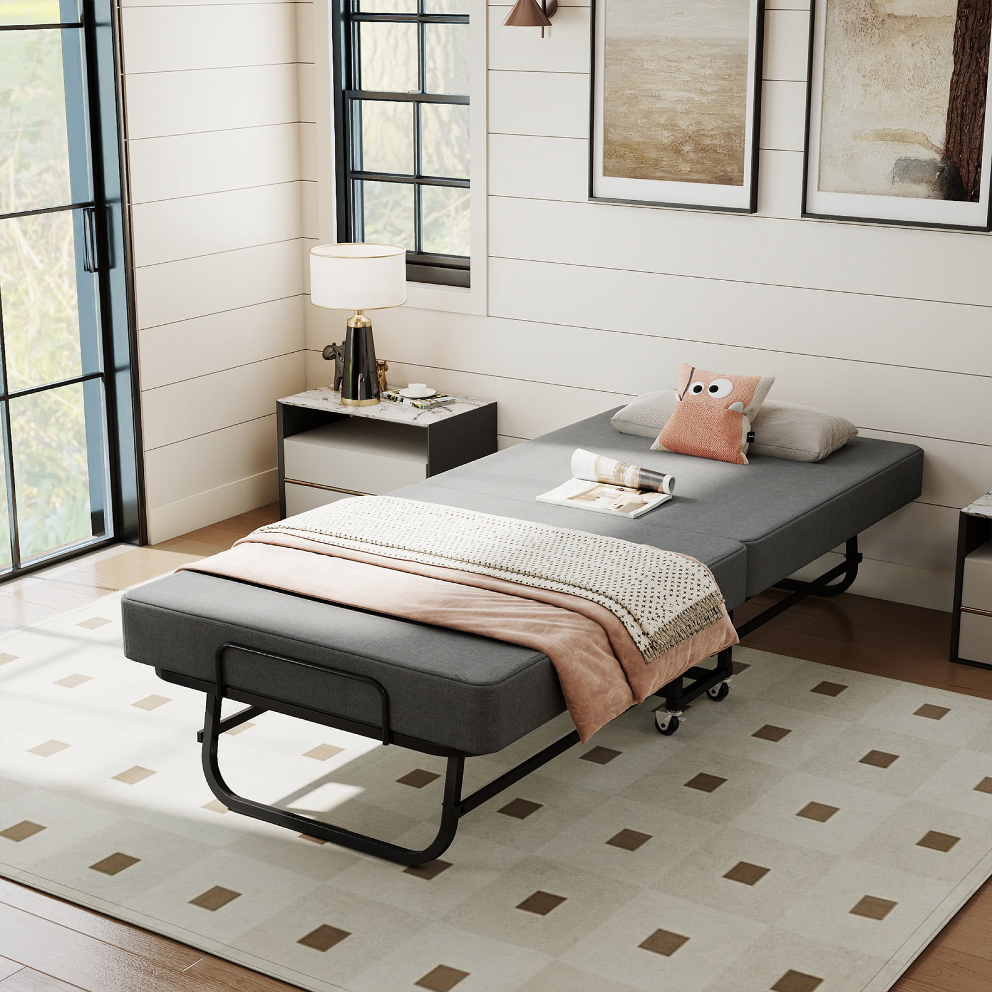 HOQBN 75" Folding Bed with Memory Foam Mattress, 4 Lockable Wheels Portable & Space Saving, Reinforced Steel Frame Quietly Supports 450 lbs, Folds Upright – Essential for Apartments, Guest Rooms