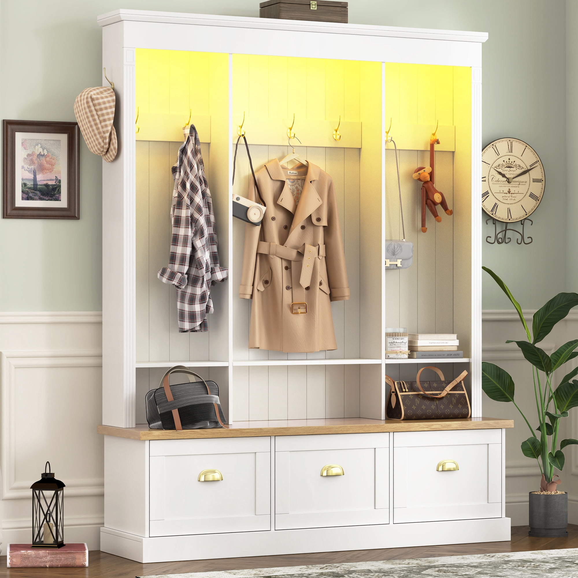 HOQBN 75" Hall Tree with LED Light,Bench & Shoe Storage,Entryway Coat Rack with 9 Hooks and 3 Large Cabinets,Farmhouse Entryway Organizer with Shelves for Hallway, White