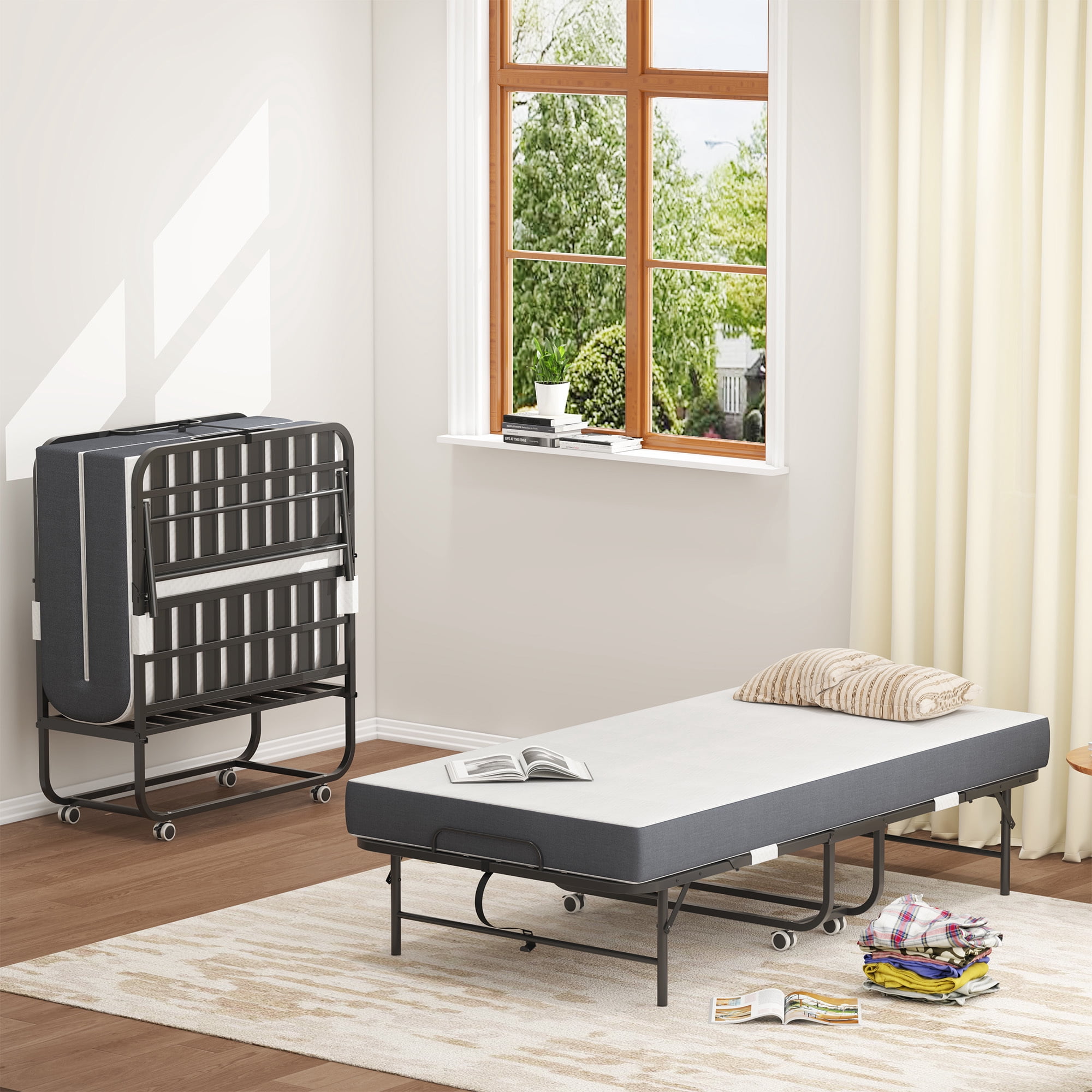 HOQBN 75"x38" Folded Bed with 5" Memory Foam Mattres for Adults,Twin Size Portable Extra Large Foldable Bed with Sturdy Metal Frame