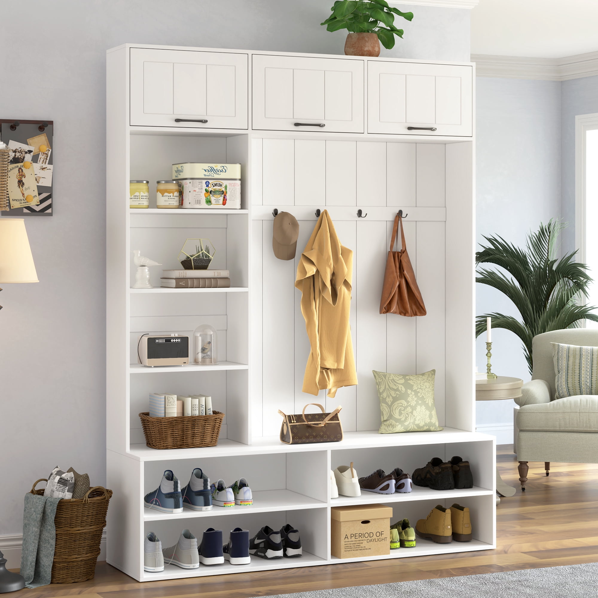 HOQBN 77"H Farmhouse Hall Tree with Bench and Shoe Storage, 5-in-1 Entryway Bench with Coat Rack, Modern Entryway Storage Organizer Cabinet with 4 Hooks for Hallway, Entryway, Living Room,White