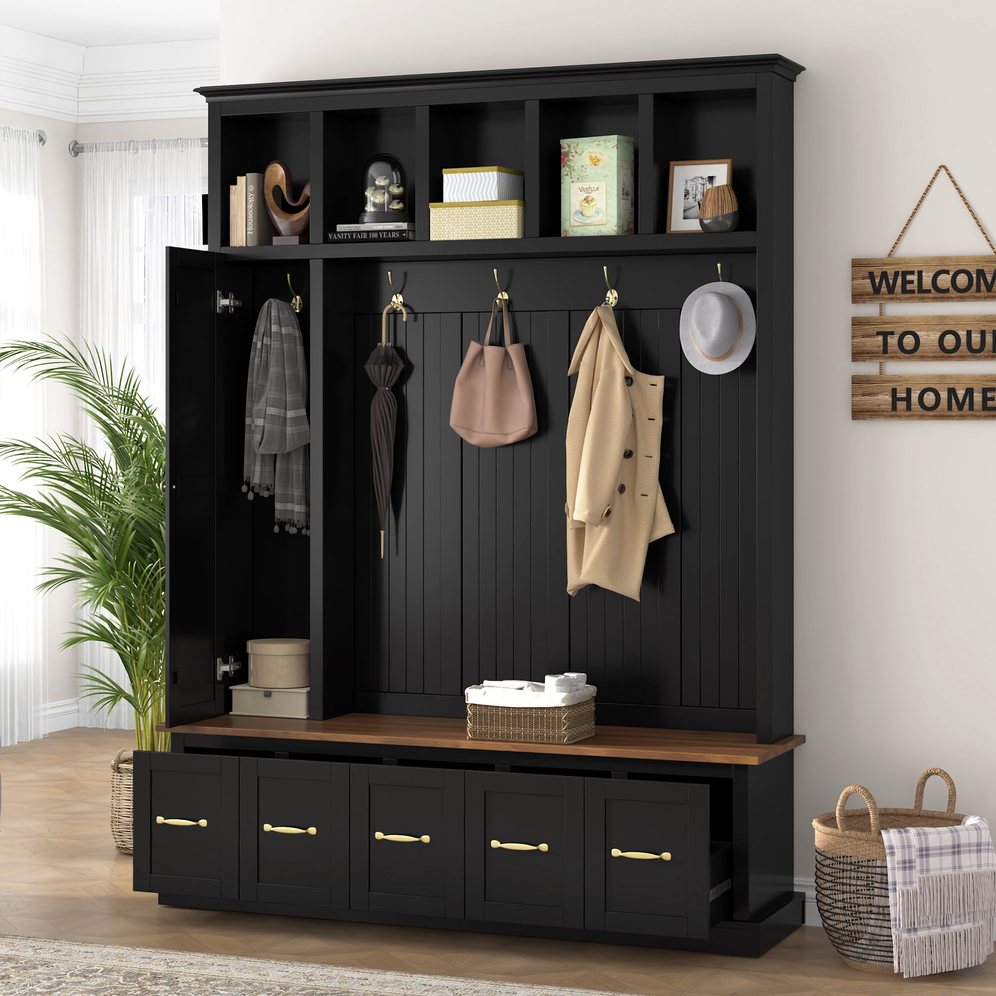 HOQBN 79"H Entryway Hall Tree with 5 Coat Hooks,Shoe Bench & 5 Drawer Storage Cabinet, All-in-One Storage Organizer Coat Rack for Hallway, Living Room,Black