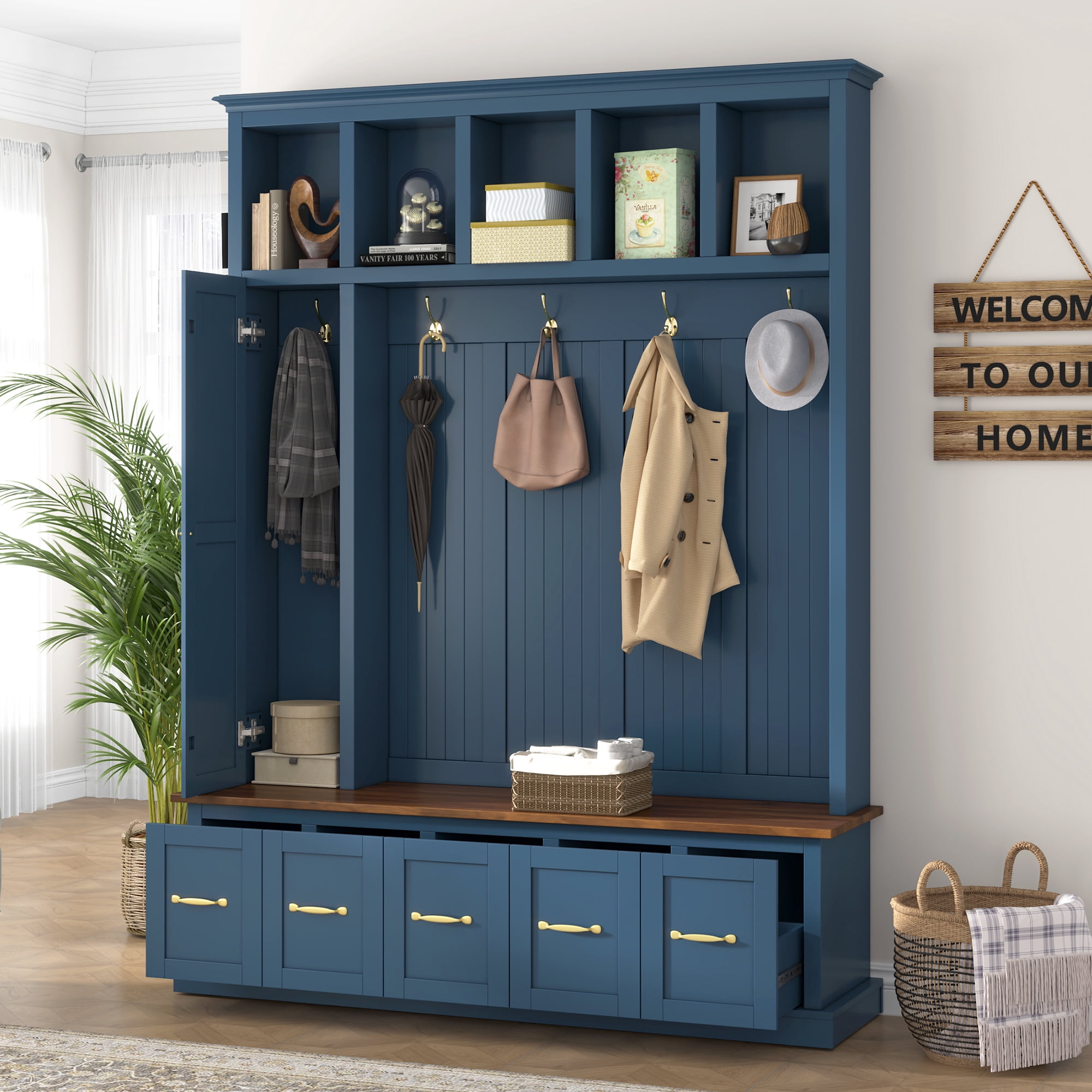 HOQBN 79"H Entryway Hall Tree with 5 Coat Hooks,Shoe Bench & 5 Drawer Storage Cabinet, All-in-One Storage Organizer Coat Rack for Hallway, Living Room,Blue