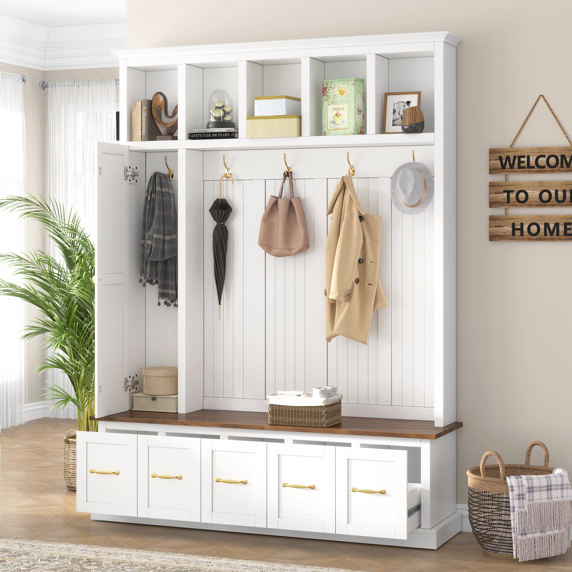 HOQBN 79"H Entryway Hall Tree with 5 Coat Hooks,Shoe Bench & 5 Drawer Storage Cabinet, All-in-One Storage Organizer Coat Rack for Hallway, Living Room,White
