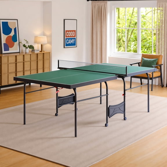 HOQBN 8 FT Foldable Table Tennis Ping Pong Table with Wheels, Quick-Clamp Net & Post Set, Indoor & Outdoor Use, Supports Solo Play Mode for Family Game,Green