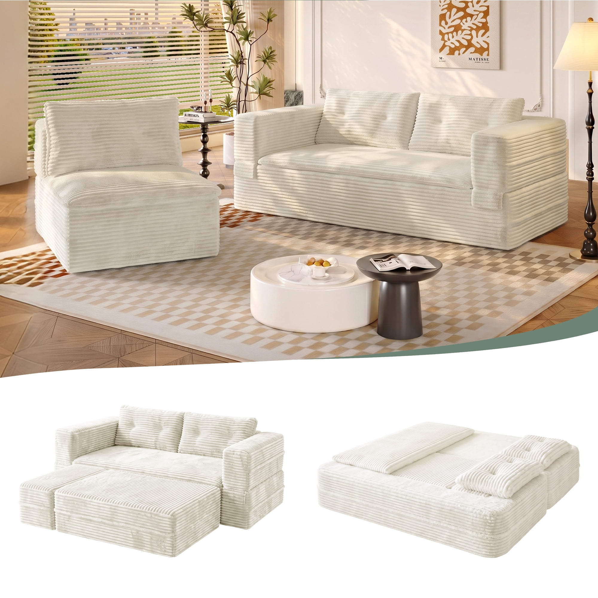 HOQBN 80" King Size Sleeper Sofa Bed, Plush Corduroy Deep Seat Sofa Couch with Independent Chaise and Functional Blanket for Living Room, Bedroom Beige+White