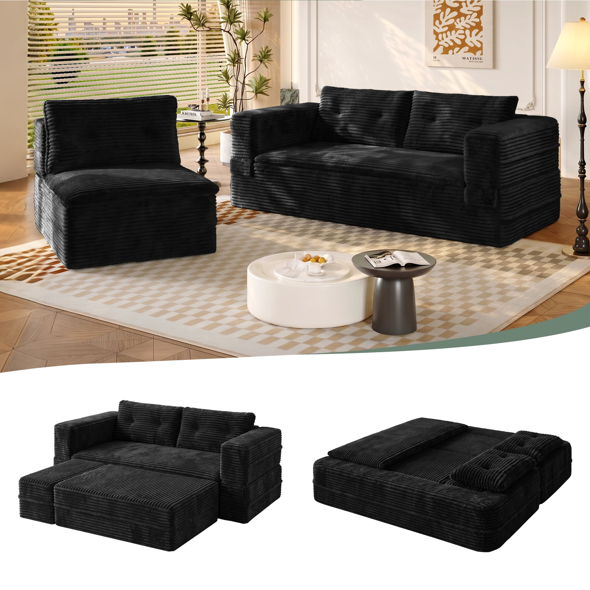 HOQBN 80" King Size Sleeper Sofa Bed, Plush Corduroy Deep Seat Sofa Couch with Independent Chaise and Functional Blanket for Living Room, Bedroom Black