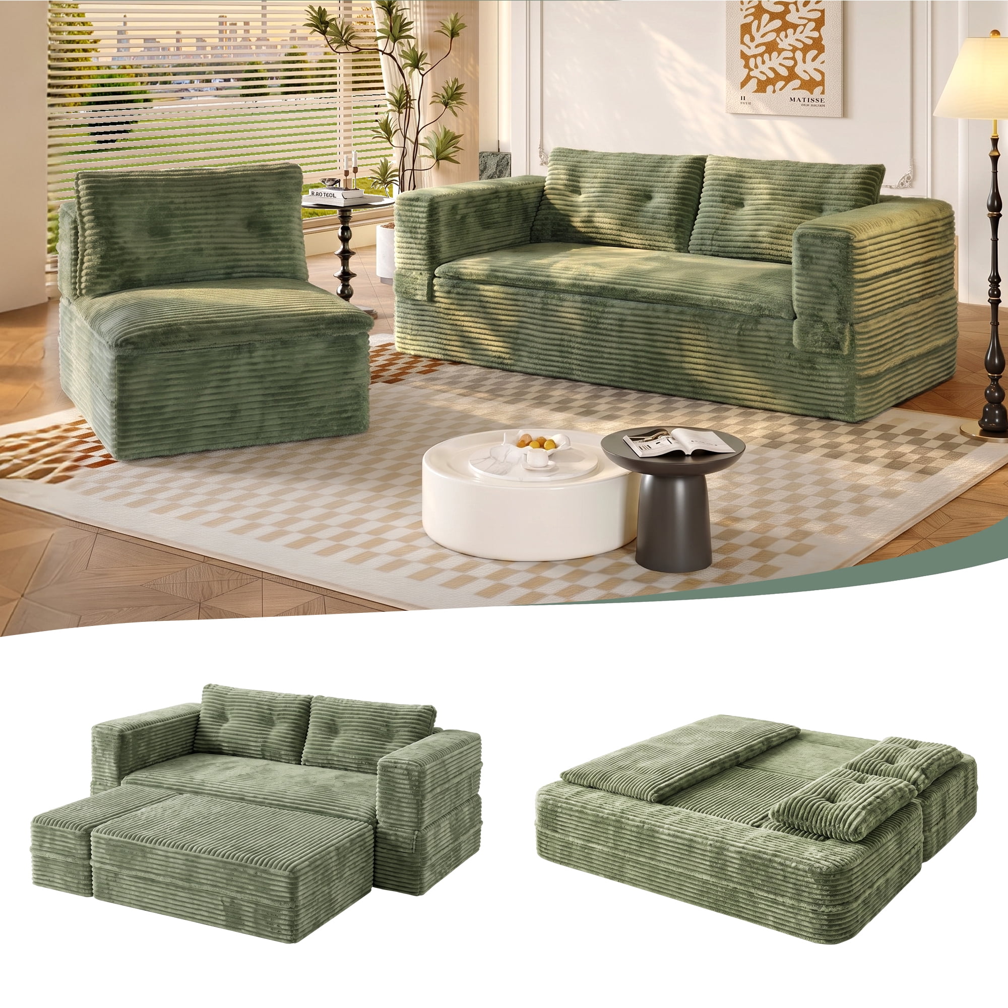 HOQBN 80" King Size Sleeper Sofa Bed, Plush Corduroy Deep Seat Sofa Couch with Independent Chaise and Functional Blanket for Living Room, Bedroom Green
