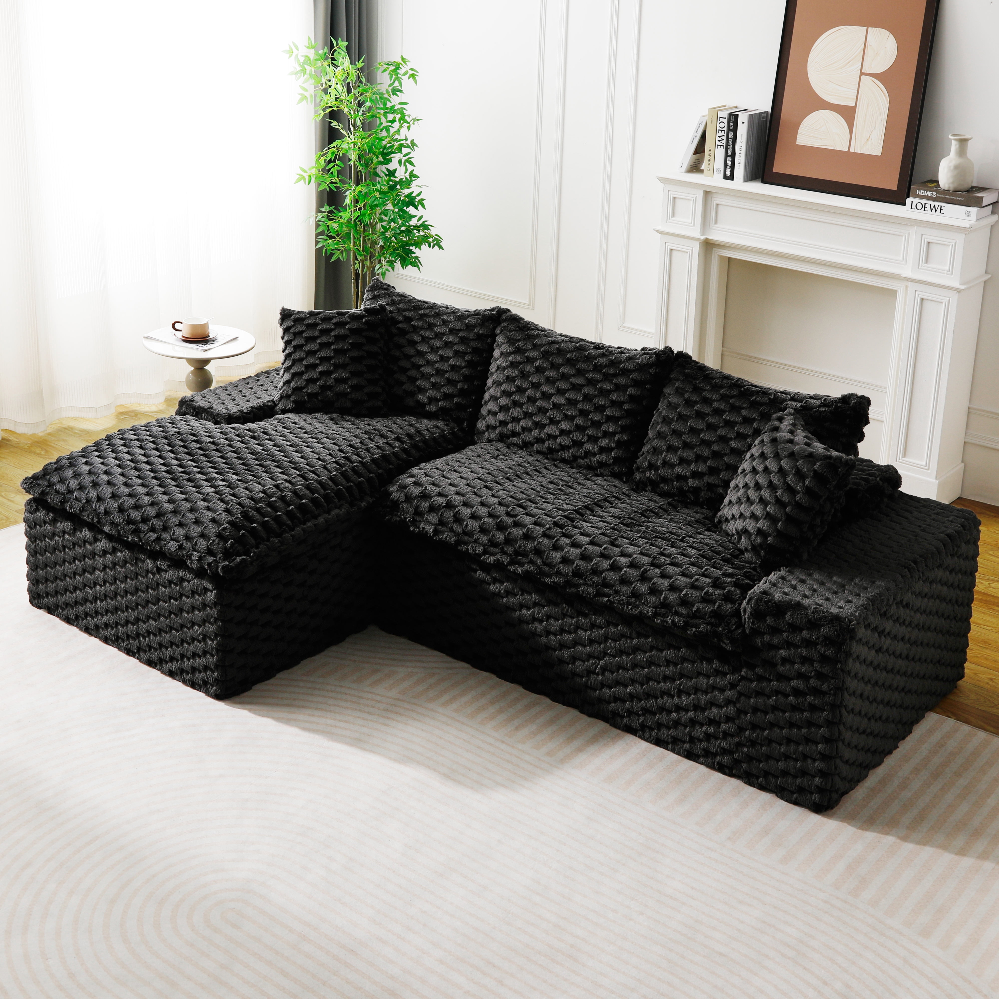HOQBN 96"W Modular Sectional Sofa,L Shape Modern Corduroy Cloud Couch,Upholstered Deep Seat Boneless Sofa Couch with Left Chaise Lounge for Living Rooms,No Assembly Required,Black