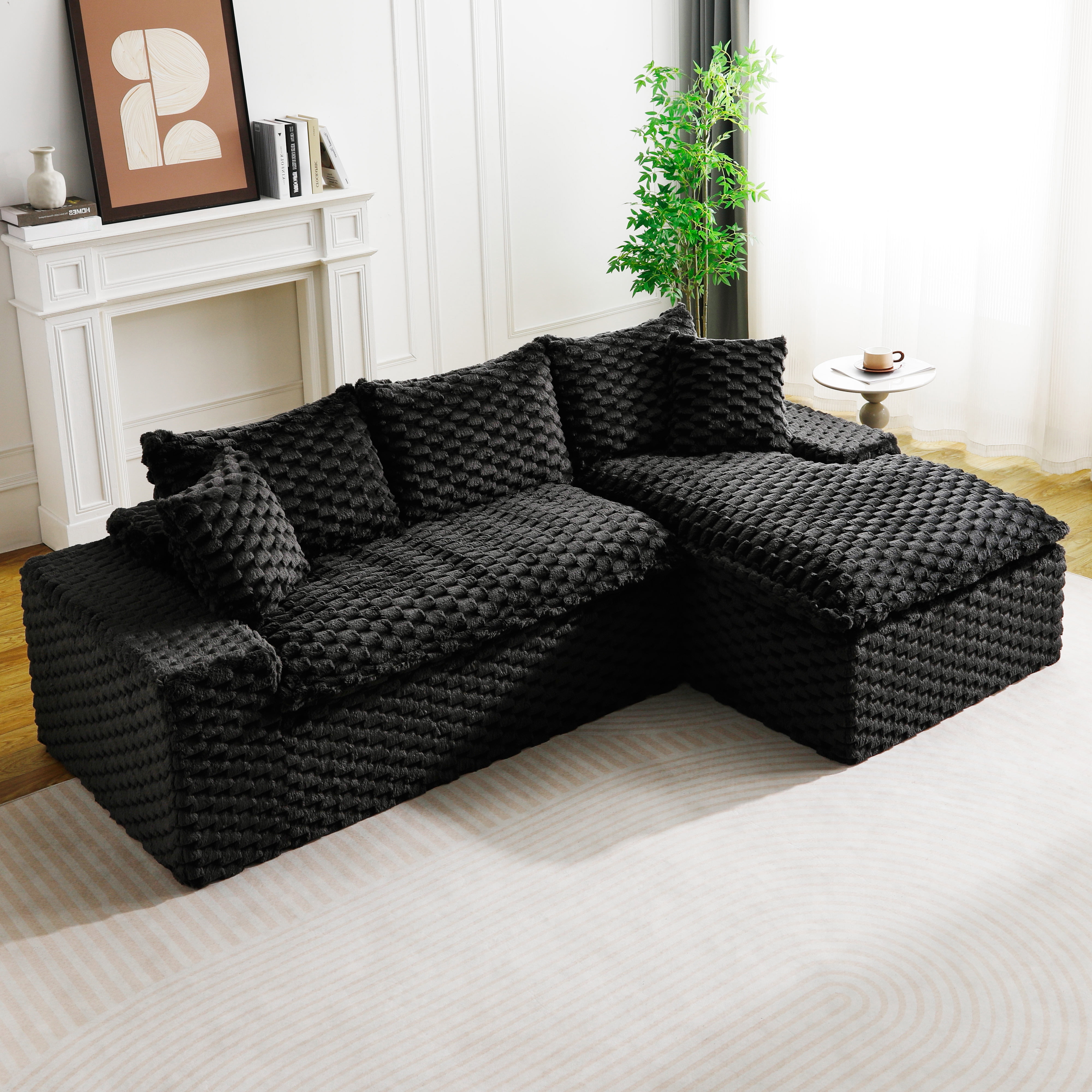 HOQBN 96"W Modular Sectional Sofa,L Shape Modern Corduroy Cloud Couch,Upholstered Deep Seat Boneless Sofa Couch with Right Chaise Lounge for Living Rooms,No Assembly Required,Black