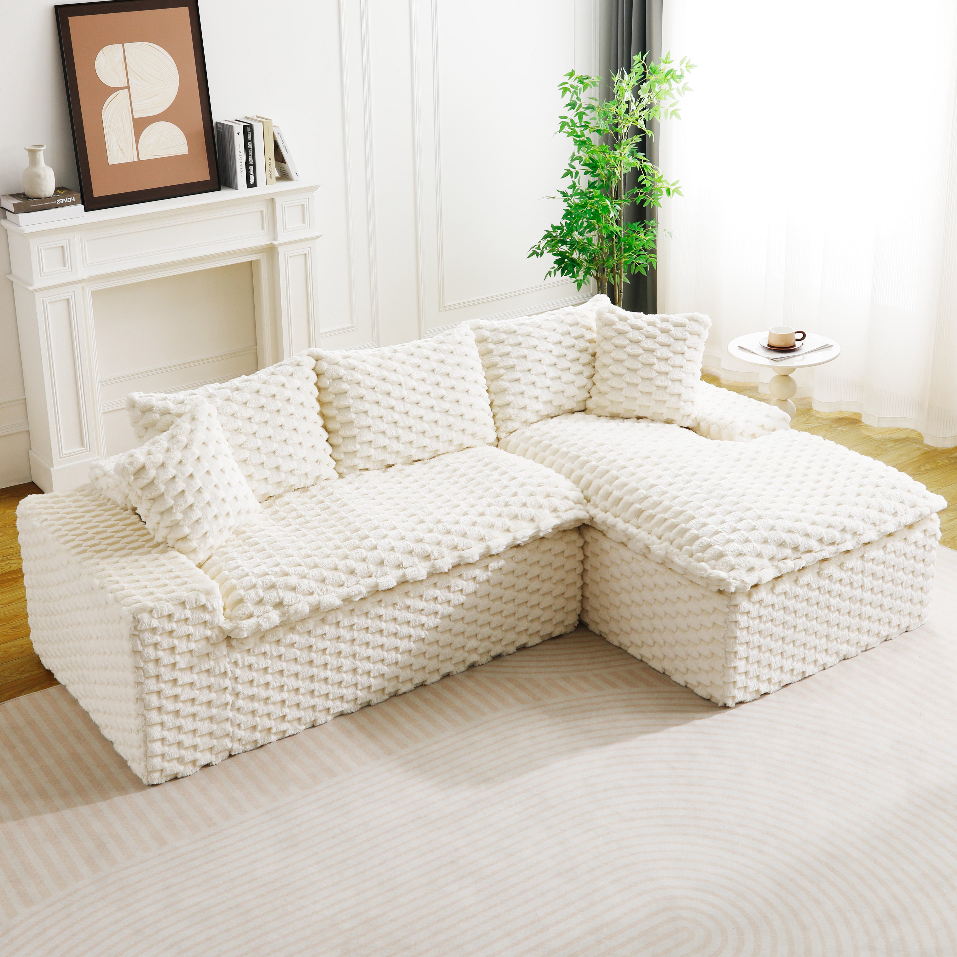 HOQBN 96"W Modular Sectional Sofa,L Shape Modern Corduroy Cloud Couch,Upholstered Deep Seat Boneless Sofa Couch with Right Chaise Lounge for Living Rooms,No Assembly Required,White