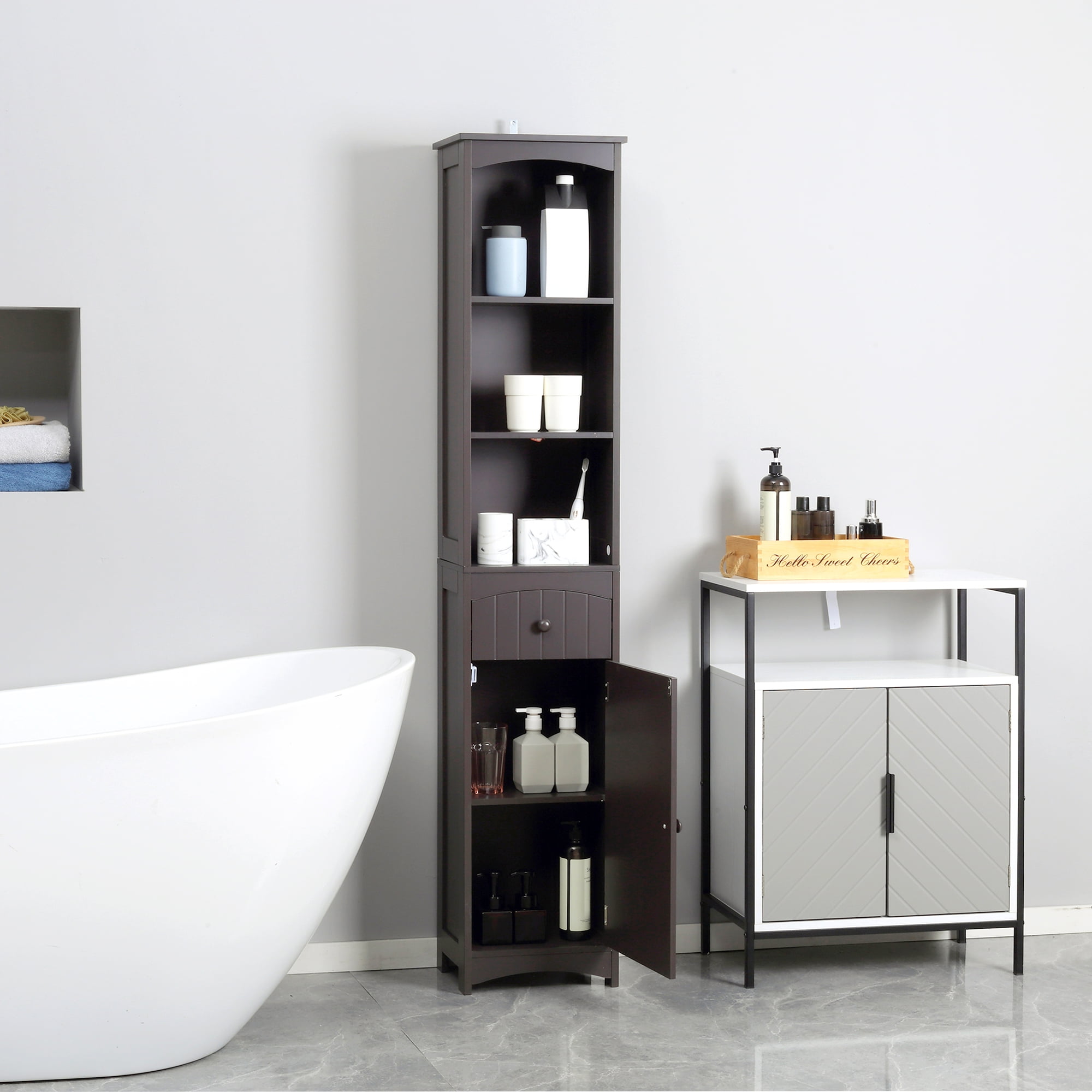 HOQBN Bathroom Storage Cabinet, Bathroom Storage Unit with 3-Tier Shelves and Drawer, Brown