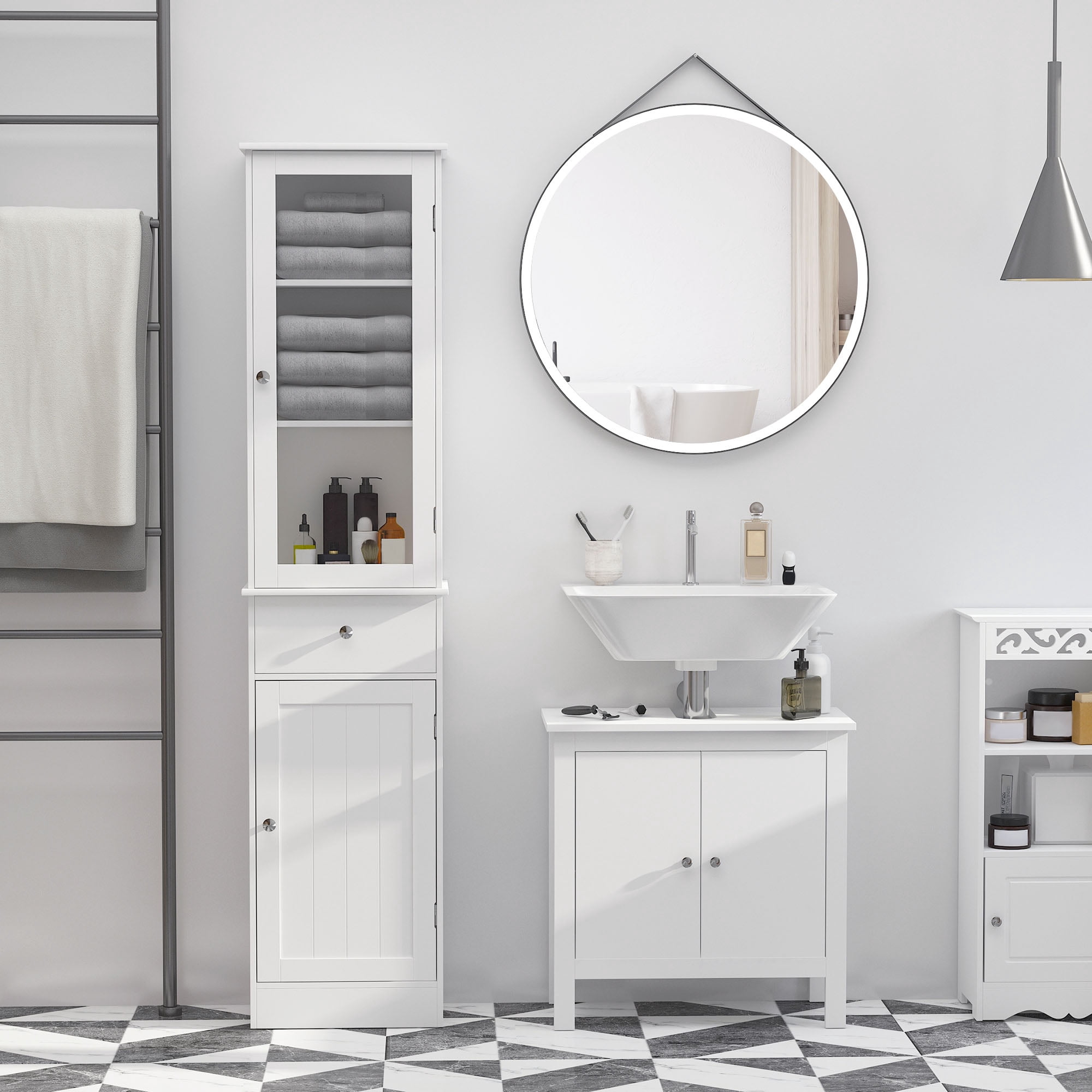 HOQBN Bathroom Storage Cabinet with 3-tier Shelf Drawer Door, Floor Cabinet Free Standing Tall Slim Side Organizer Shelves, White