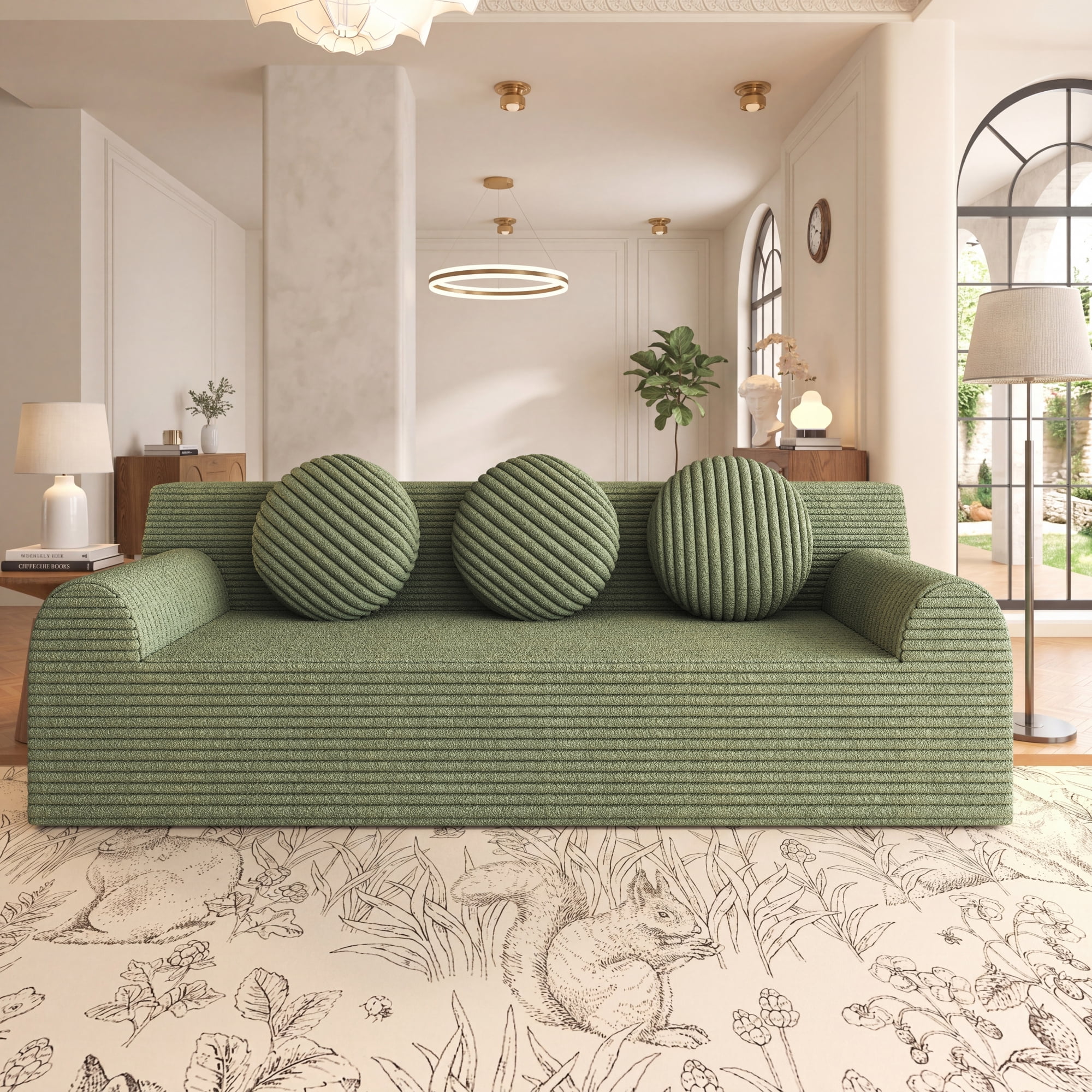 HOQBN Boneless Sofa Couch for Living Room,71" 3 Seater Sofa with Deep Seat Design and 3 Round Pillows,Comfy Corduroy Fabric Loveseat Couch,No Assembly,Antique Green