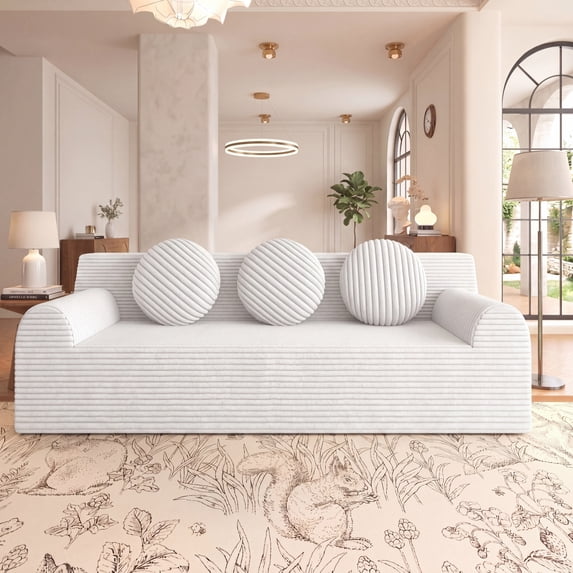 HOQBN Boneless Sofa Couch for Living Room,71" 3 Seater Sofa with Deep Seat Design and 3 Round Pillows,Comfy Corduroy Fabric Loveseat Couch,No Assembly,Cream White