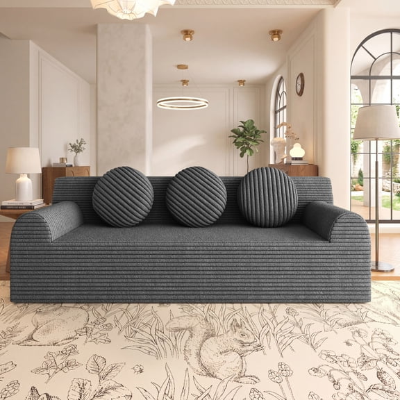HOQBN Boneless Sofa Couch for Living Room,71" 3 Seater Sofa with Deep Seat Design and 3 Round Pillows,Comfy Corduroy Fabric Loveseat Couch,No Assembly,Dark Gray