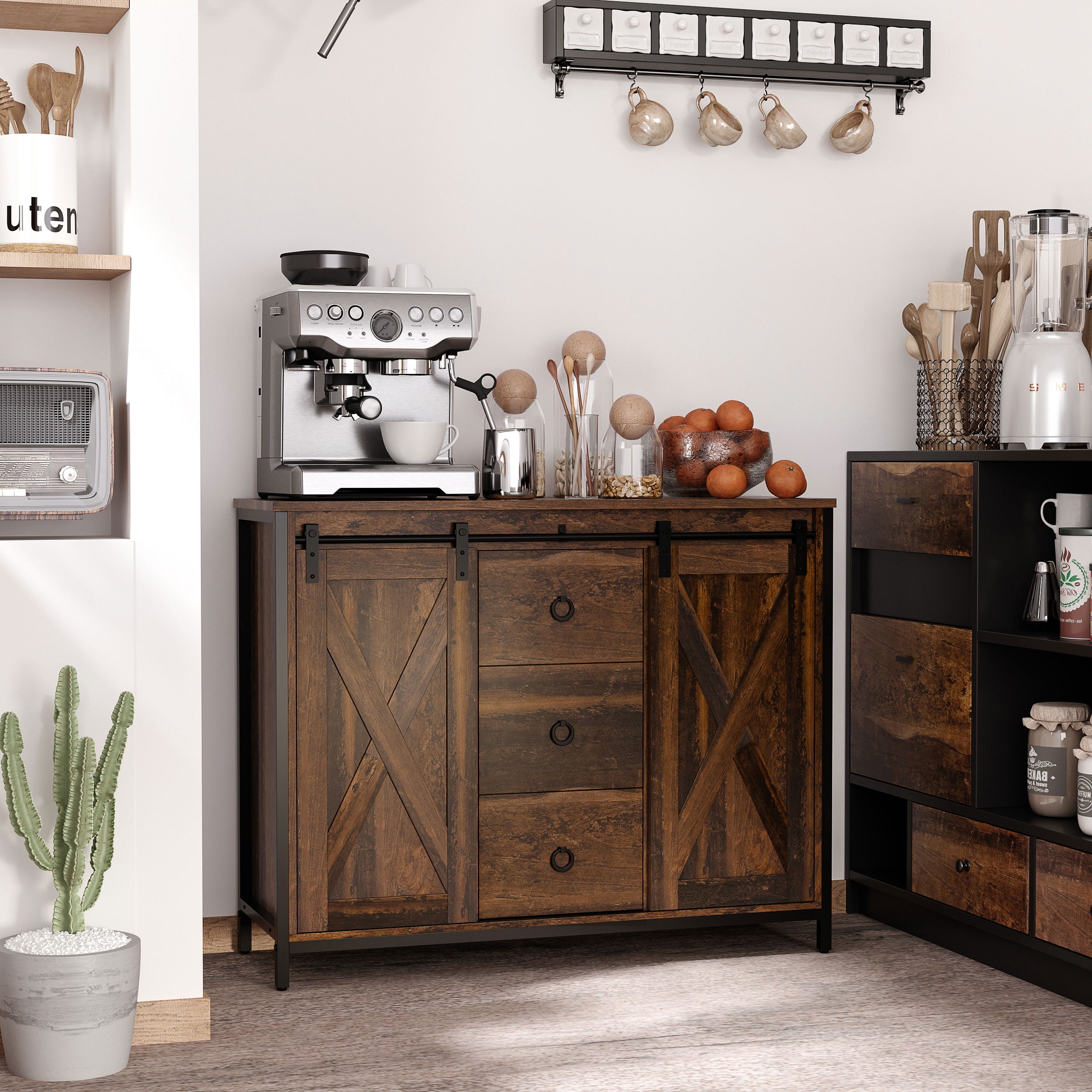 HOQBN Buffet Cabinet, Farmhouse Kitchen Sideboard Storage Credenza with Sliding Barn Doors, Multipurpose Storage Furniture for Dining Room, Living Room and Hallway, Brown