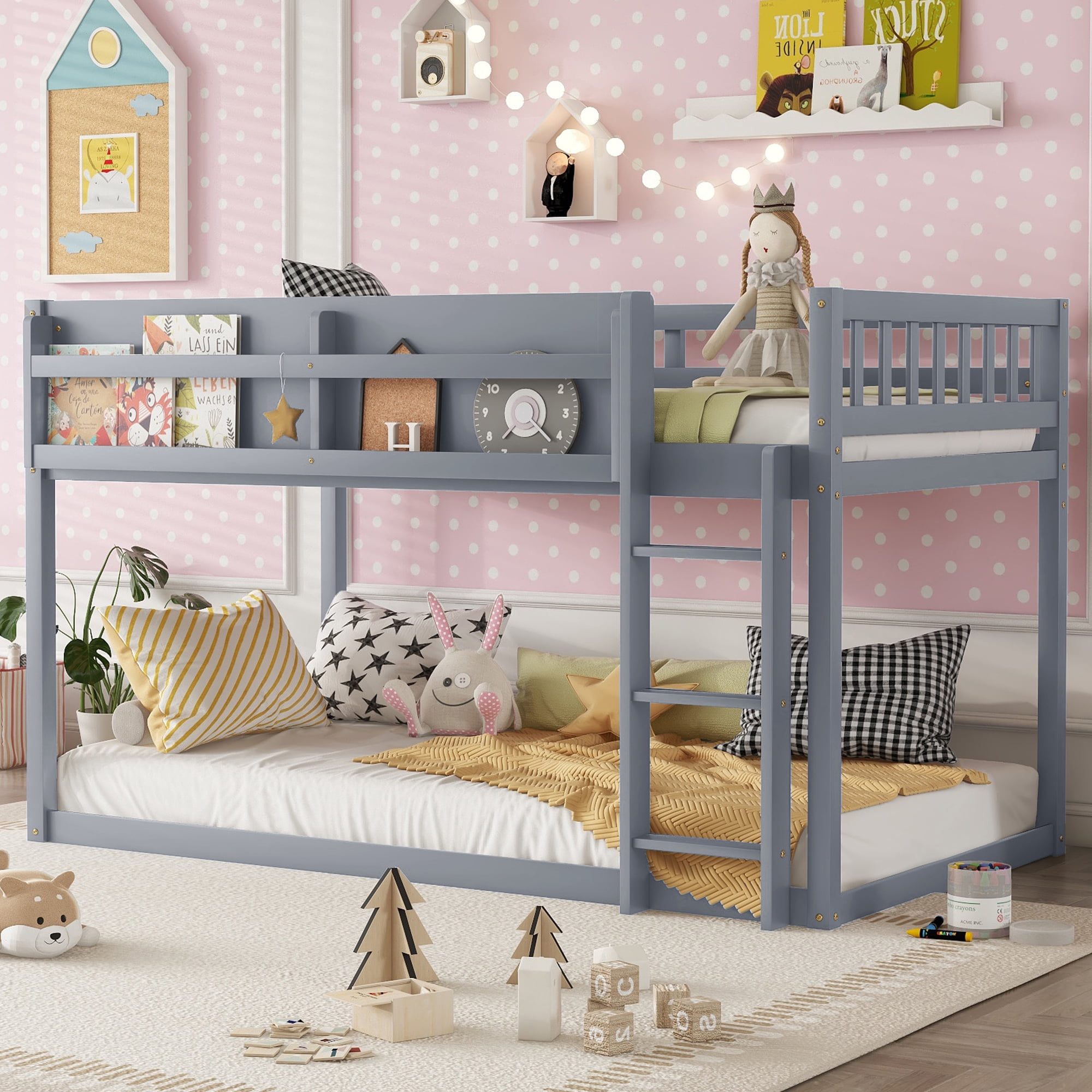 HOQBN Bunk Bed Twin Over Twin,Solid Wood Low Floor Bunk Bed with Ladder,Gray