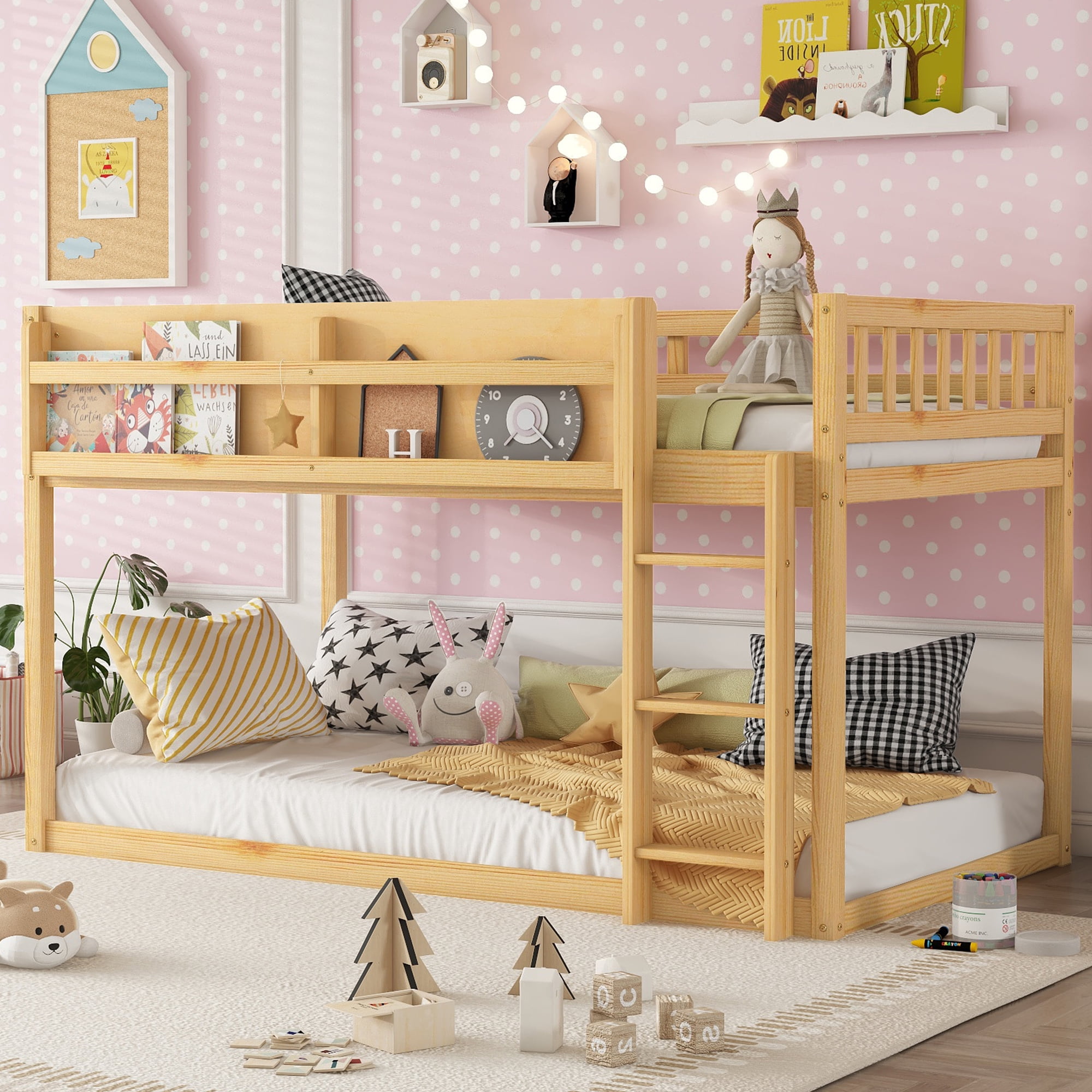 HOQBN Bunk Bed Twin Over Twin,Solid Wood Low Floor Bunk Bed with Ladder,Natural
