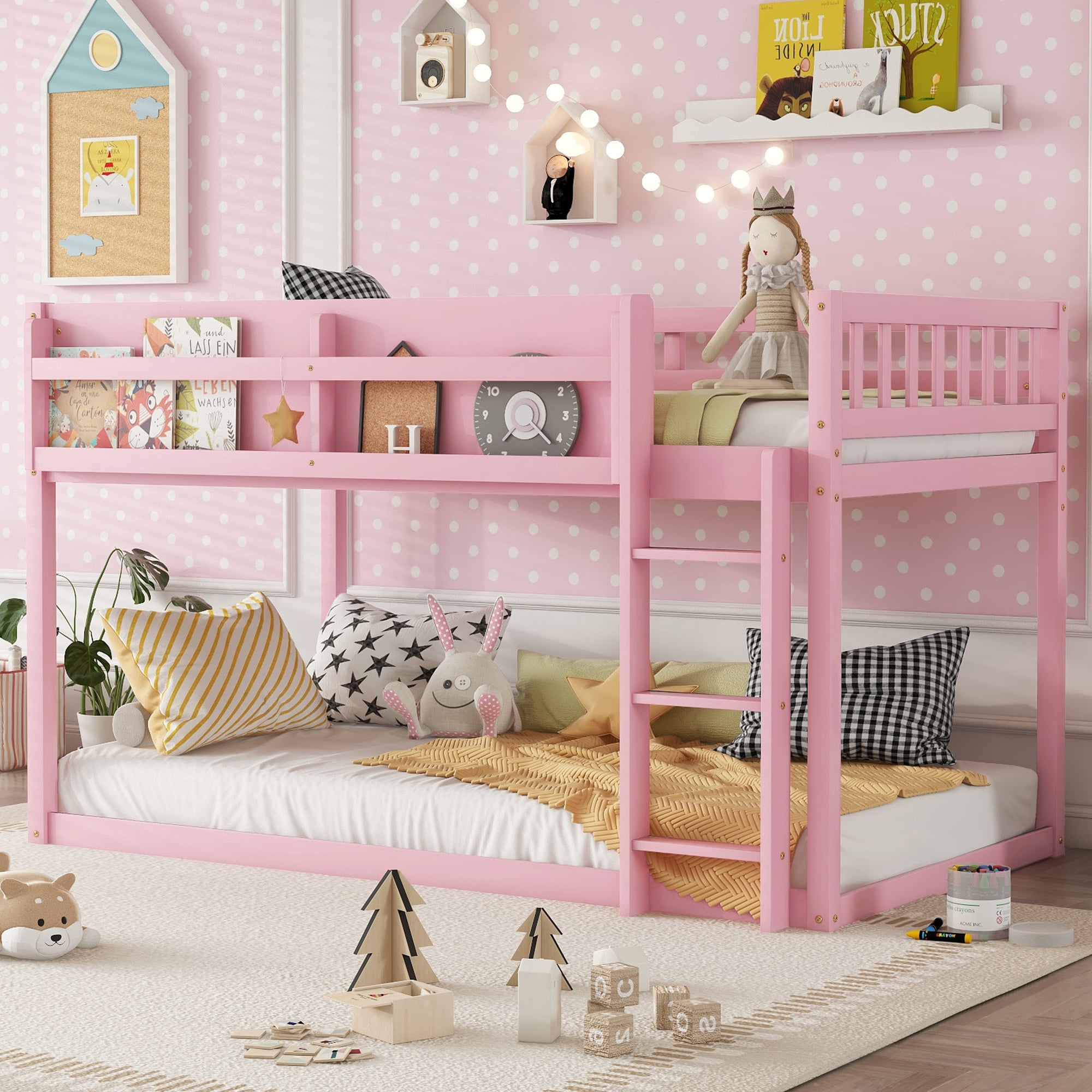 HOQBN Bunk Bed Twin Over Twin,Solid Wood Low Floor Bunk Bed with Ladder,Pink
