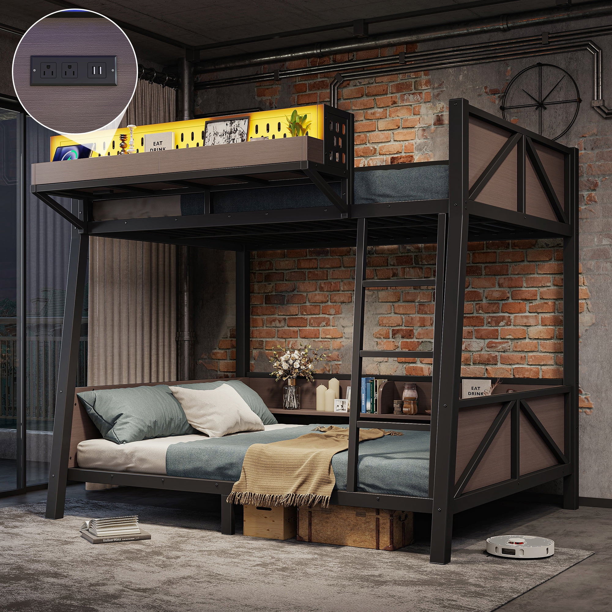 HOQBN Bunk Bed Twin Size with Storage Shelves,Metal Bunk Bed Frame with LED Light and USB Ports,Black