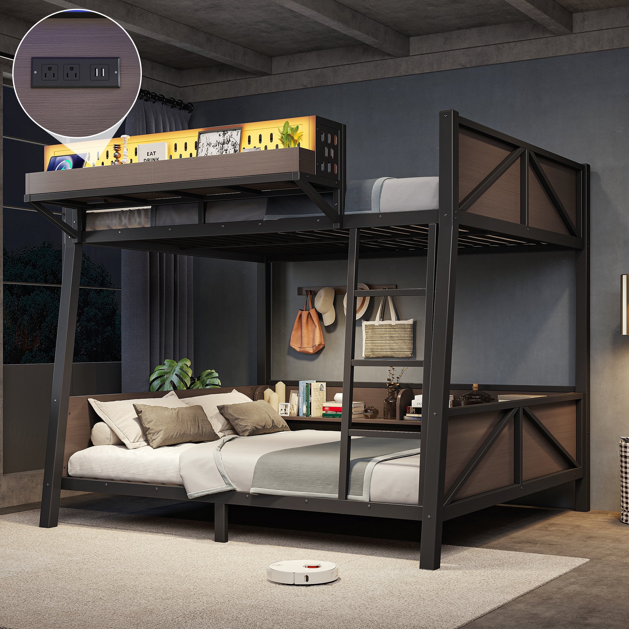 HOQBN Bunk Bed Twin Size with Storage Shelves,Metal Bunk Bed Frame with LED Light and USB Ports,Black