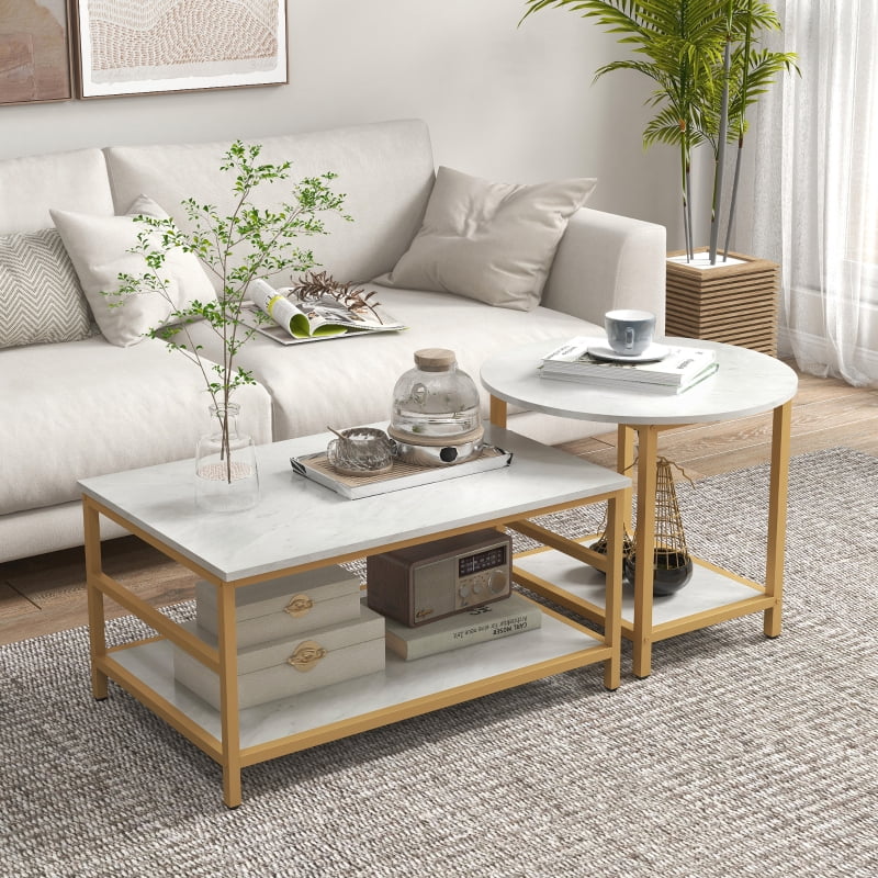 HOQBN Coffee Table Set of 2, Rectangle and Round Coffee Tables with Storage Shelves, Faux Marble Top, Living Room Table Set