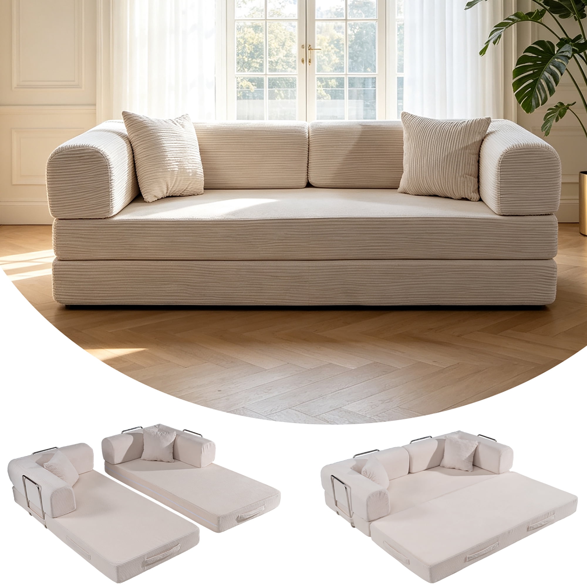 HOQBN Convertible Sofa Bed, Corduroy Fold Out Futon Sleeper Mattress with Pillows, Boneless Folding Floor Couch for Living Room Bedroom Beige