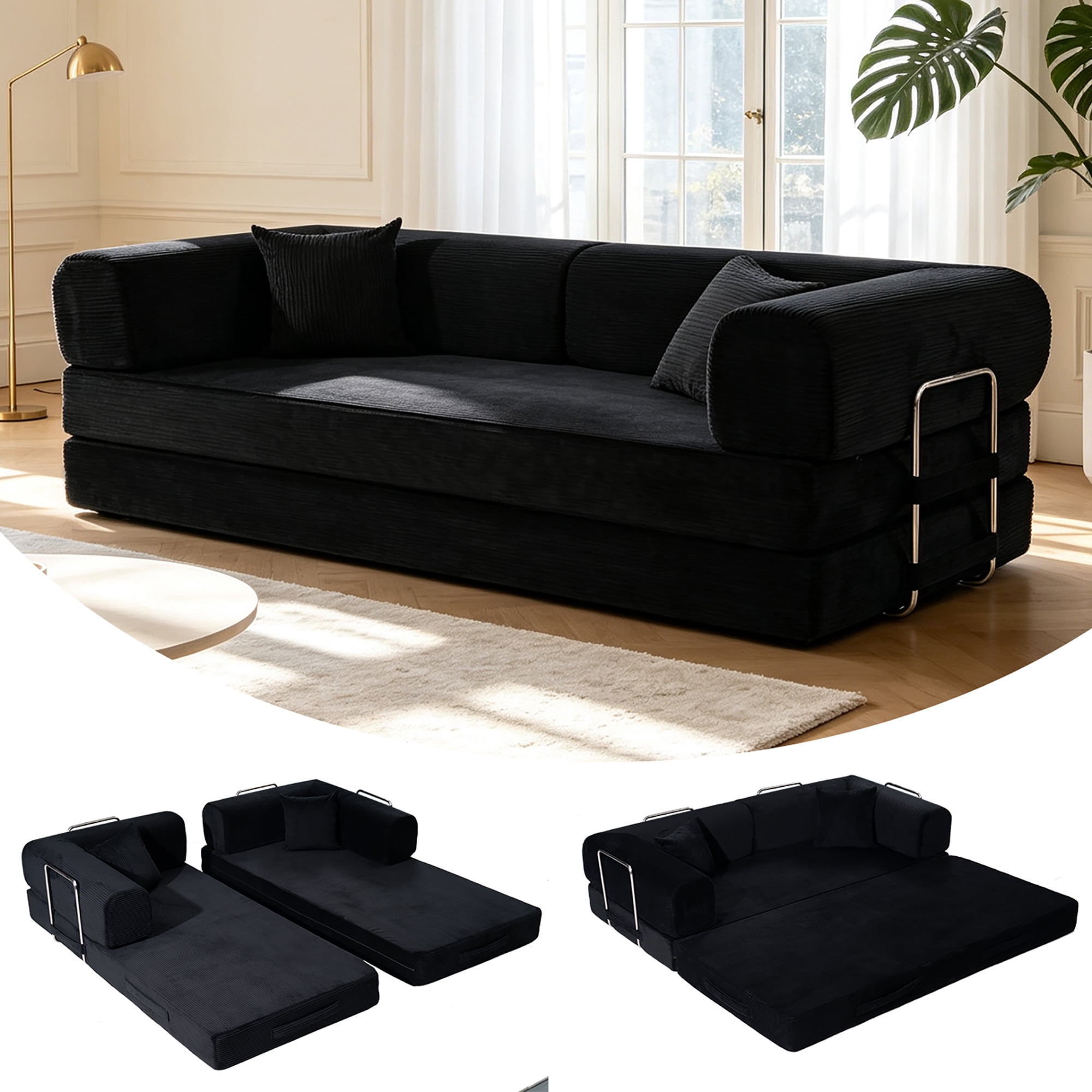 HOQBN Convertible Sofa Bed, Corduroy Fold Out Futon Sleeper Mattress with Pillows, Boneless Folding Floor Couch for Living Room Bedroom Black