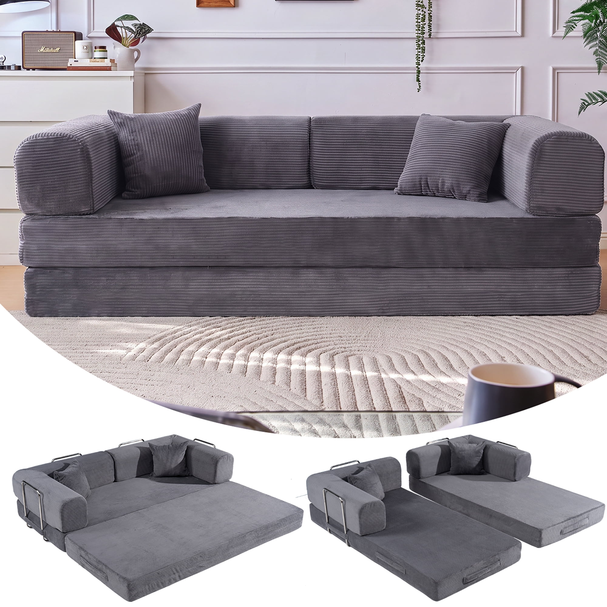 HOQBN Convertible Sofa Bed, Corduroy Fold Out Futon Sleeper Mattress with Pillows, Boneless Folding Floor Couch for Living Room Bedroom Gray