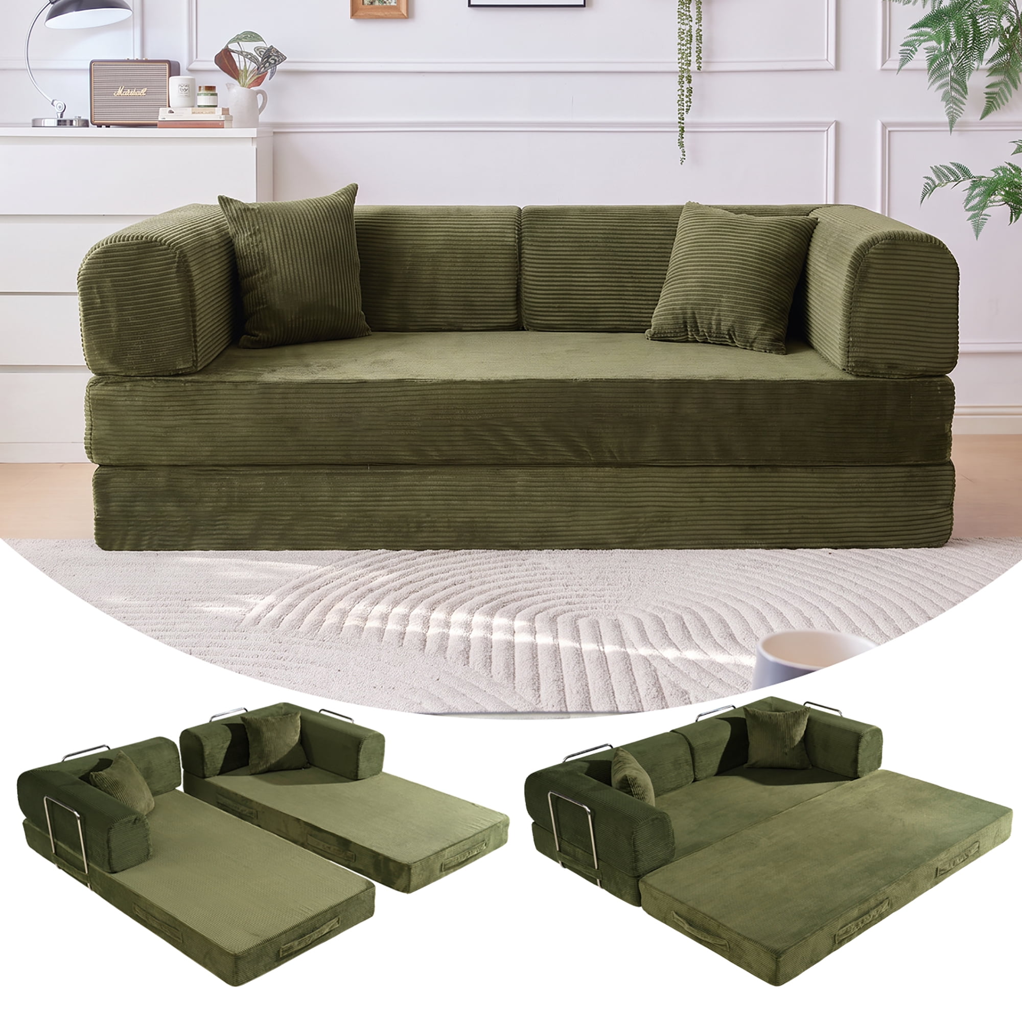 HOQBN Convertible Sofa Bed, Corduroy Fold Out Futon Sleeper Mattress with Pillows, Boneless Folding Floor Couch for Living Room Bedroom Green
