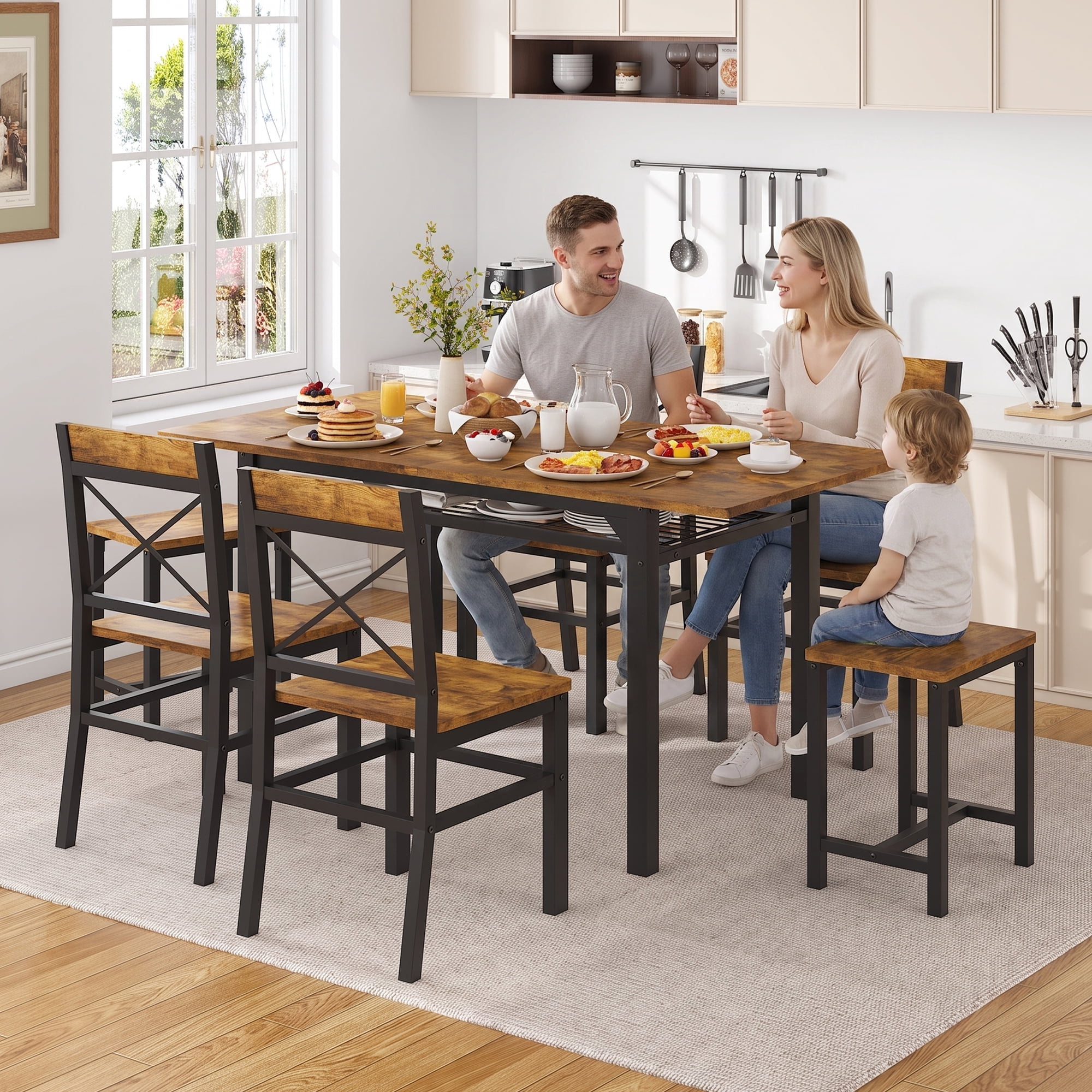 HOQBN Dining Table Set,Wooden Kitchen Table Set for 6,Farmhouse 7-Piece Dining Room Furniture for Small Space, Breakfast Nook, Apartment,Brown