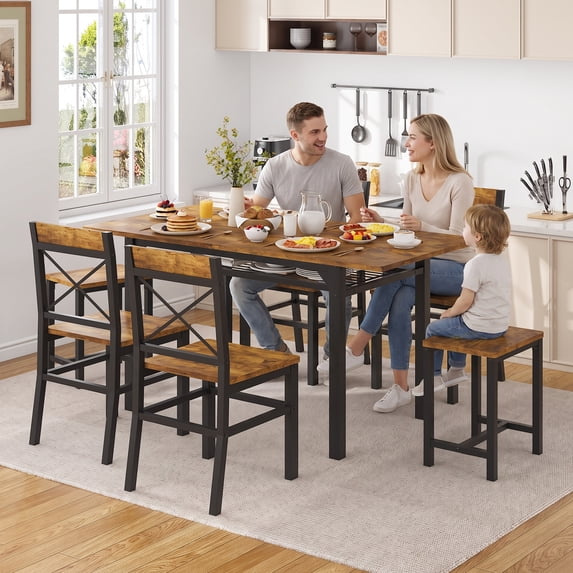 HOQBN Dining Table Set,Wooden Kitchen Table Set for 6,Farmhouse 7-Piece Dining Room Furniture for Small Space, Breakfast Nook, Apartment,Brown