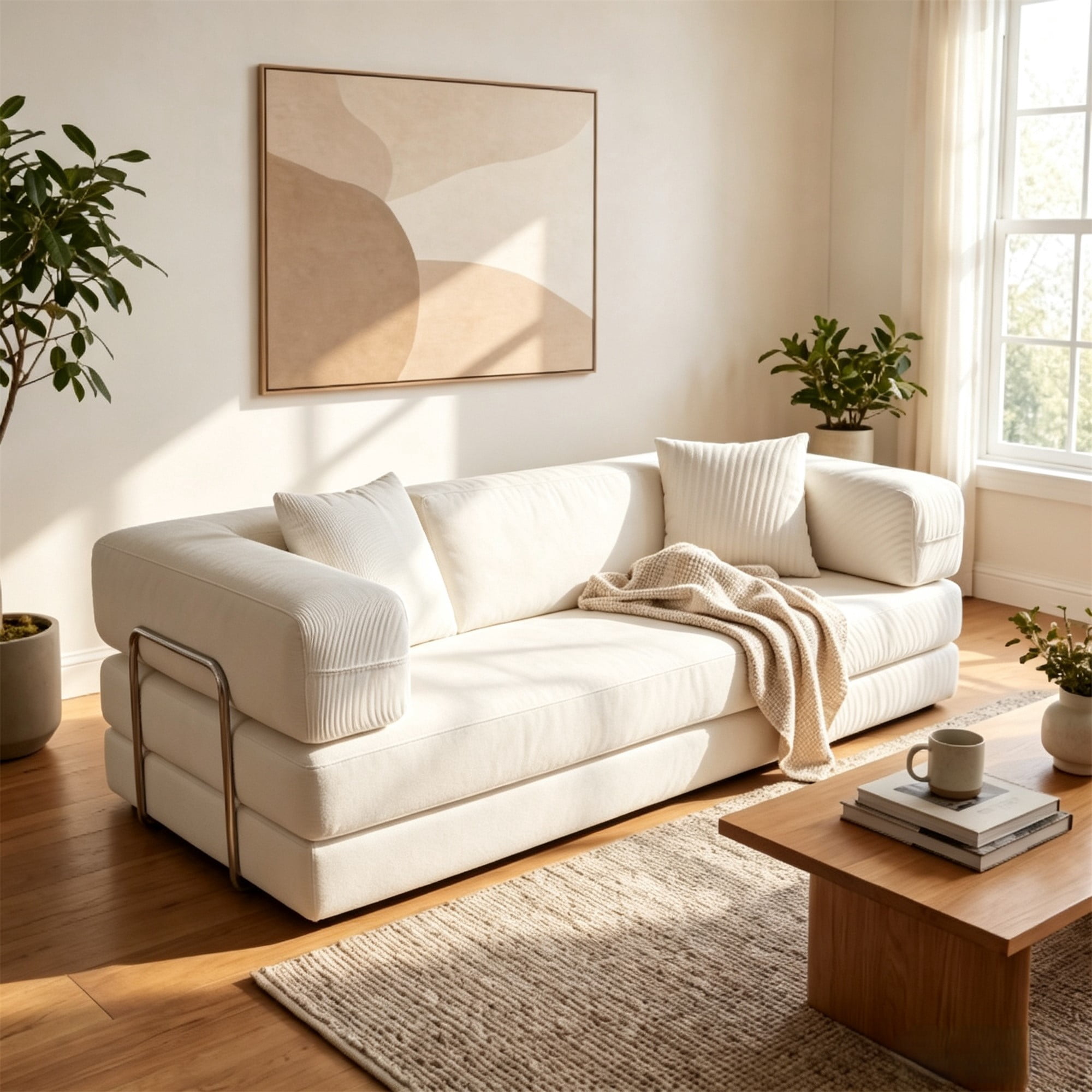 HOQBN Double Sofa Bed, Multifunctional Compression Sofa, Wide Body Pure Spine Sofa, Fine Striped Corduroy Fabric Sofa for Living Room Ancient White