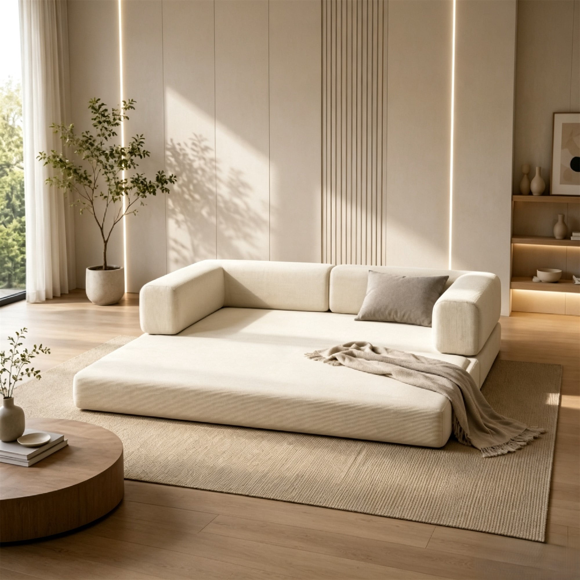 HOQBN Double Sofa Bed, Multifunctional Compression Sofa, Wide Body Pure Spine Sofa, Fine Striped Corduroy Fabric Sofa for Living Room Ancient White
