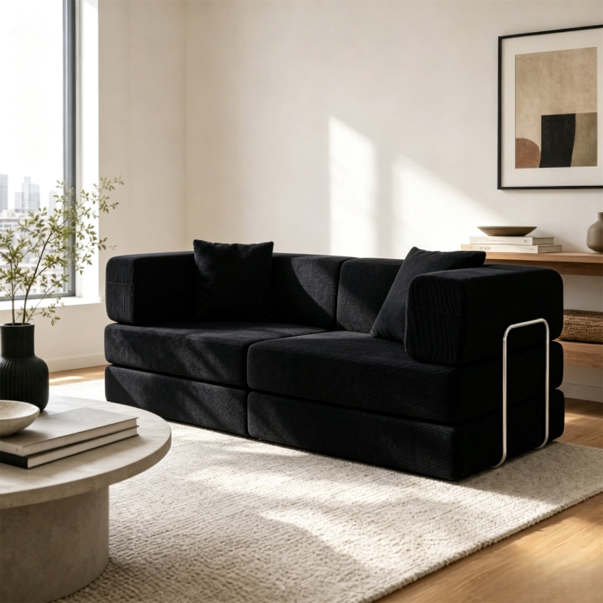 HOQBN Double Sofa Bed, Multifunctional Compression Sofa, Wide Body Pure Spine Sofa, Fine Striped Corduroy Fabric Sofa for Living Room Antique Black