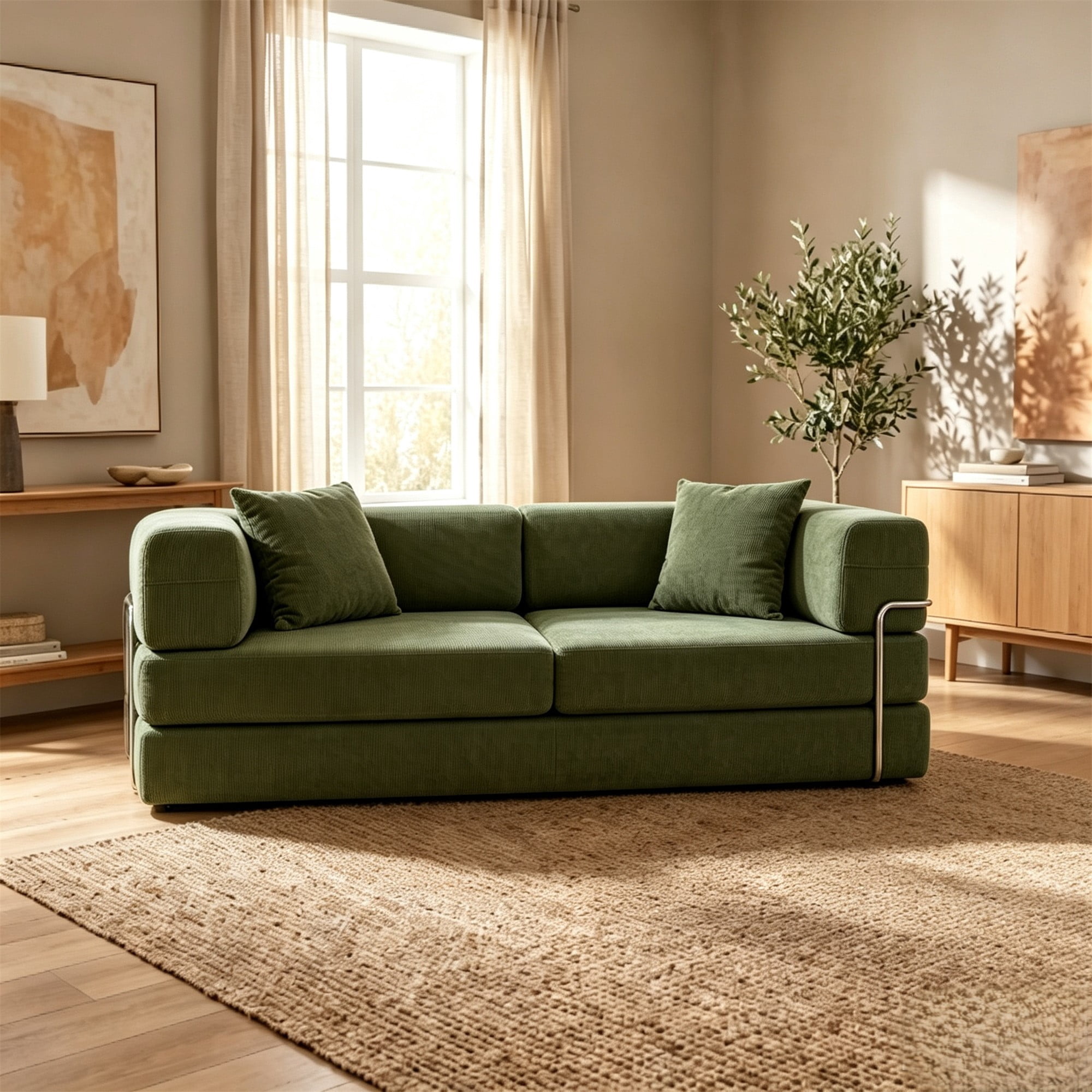 HOQBN Double Sofa Bed, Multifunctional Compression Sofa, Wide Body Pure Spine Sofa, Fine Striped Corduroy Fabric Sofa for Living Room Green
