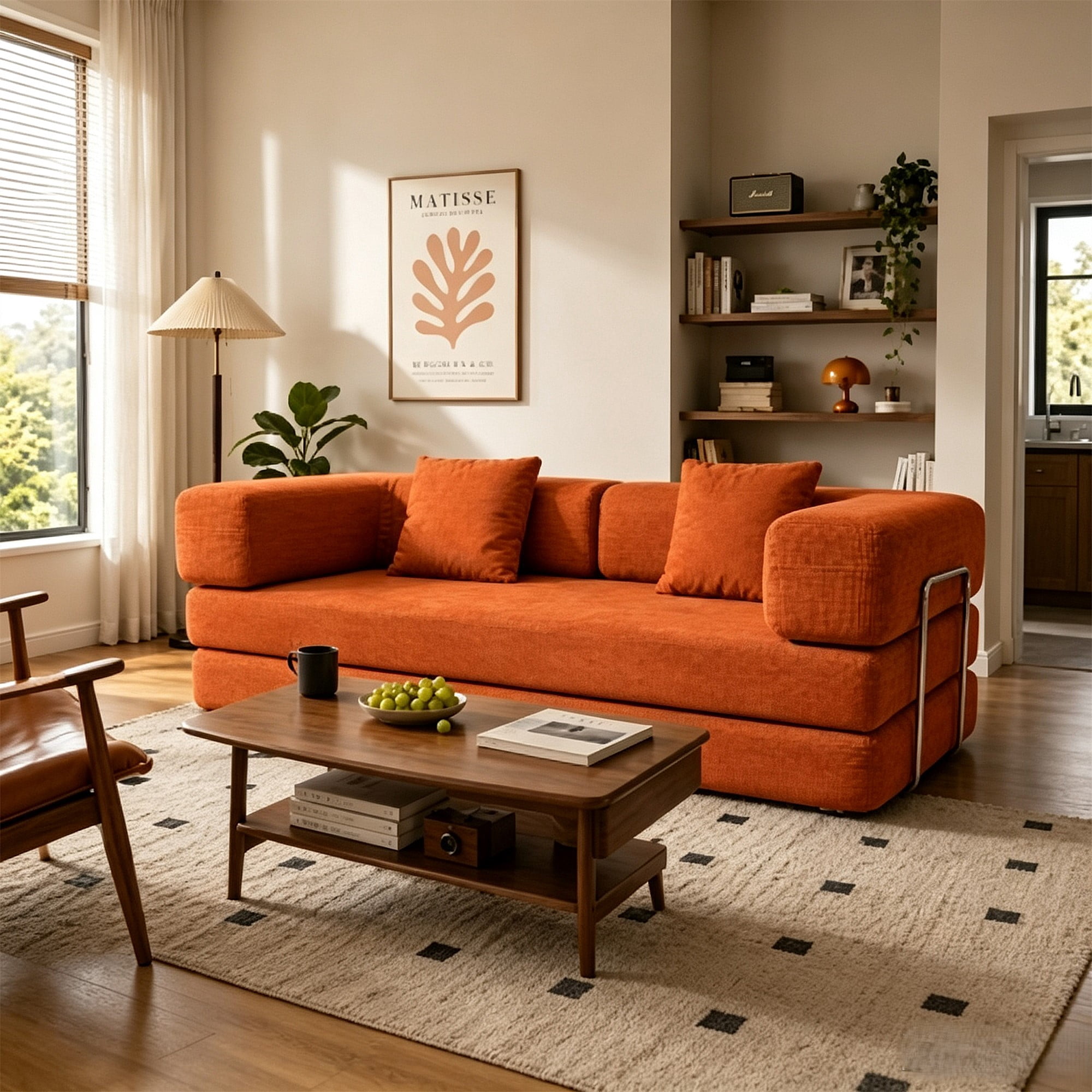 HOQBN Double Sofa Bed, Multifunctional Compression Sofa, Wide Body Pure Spine Sofa, Fine Striped Corduroy Fabric Sofa for Living Room Orange