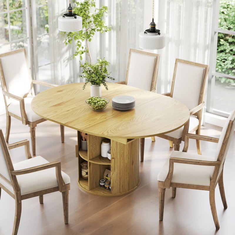 HOQBN Extendable Dining Table for 6, 60" Farmhouse Kitchen Table with 2-Tier Storage Shelf and Fluted Sliding Doors, Natural