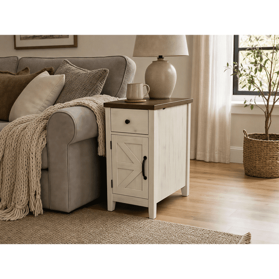 HOQBN Farmhouse End Table with Charging Station, Nightstand with Barn Door and Drawer, Bedside Table for Bedroom Living Room, Brown+White