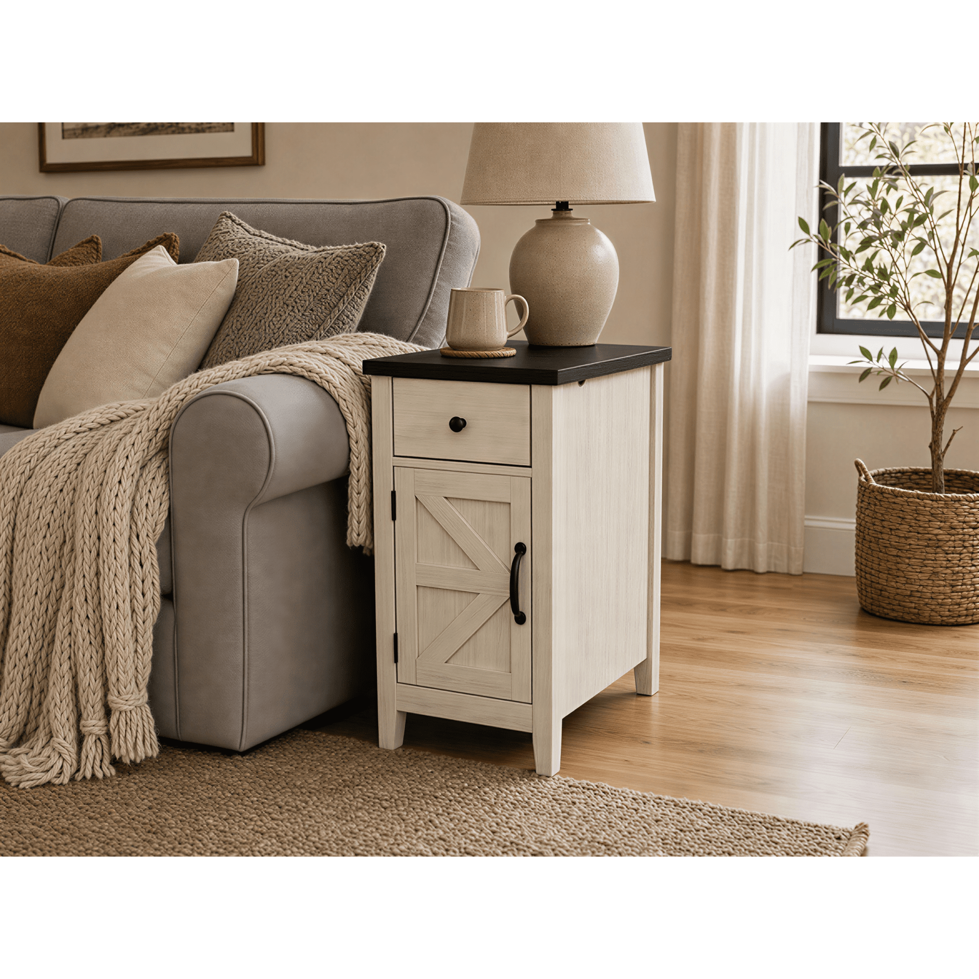 HOQBN Farmhouse End Table with Charging Station, Nightstand with Barn Door and Drawer, Bedside Table for Bedroom Living Room, White+Black