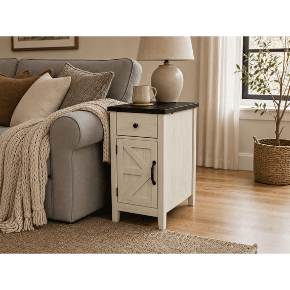 HOQBN Farmhouse End Table with Charging Station, Nightstand with Barn Door and Drawer, Bedside Table for Bedroom Living Room, White+Black