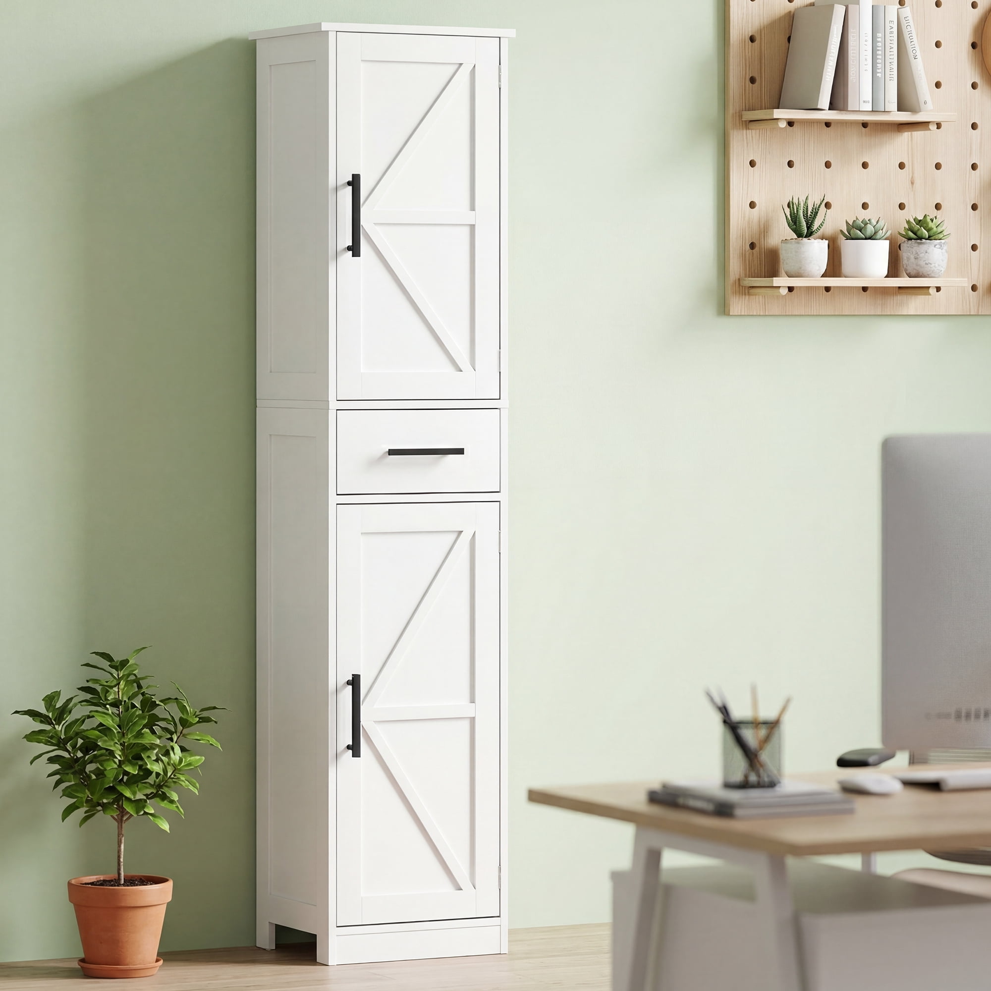 HOQBN Farmhouse Linen Closet with Drawer, 67" Tall Bathroom Storage Cabinet with Barn Doors and Adjustable Shelves, White