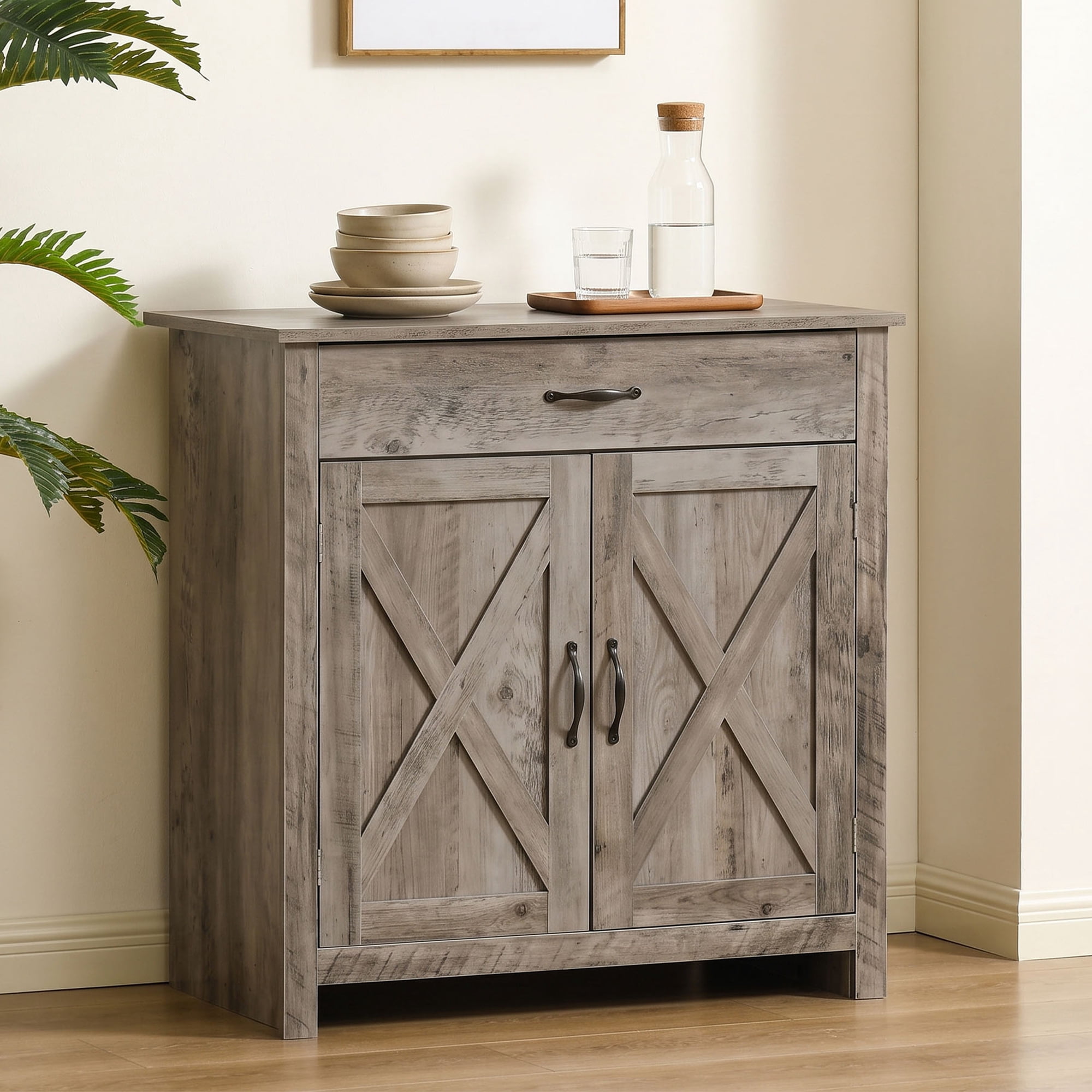 HOQBN Farmhouse Sideboard Buffet Cabinet, Barn Door Coffee Bar Cabinet with Drawer and Adjustable Shelf for Kitchen, Living Room, Entryway, Gray
