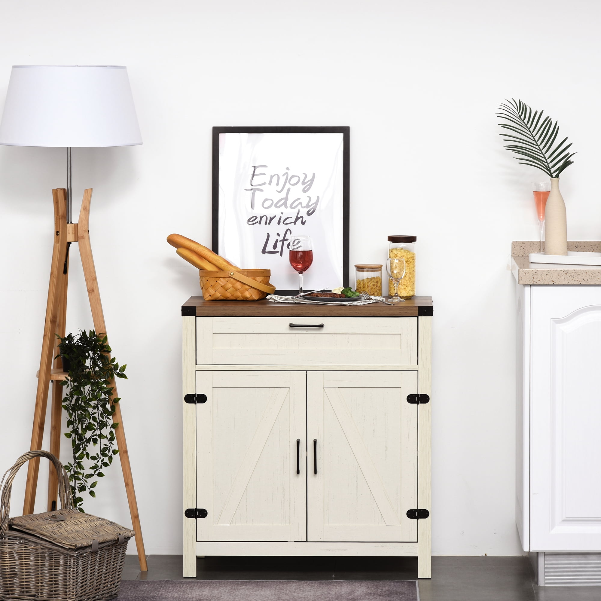 HOQBN Farmhouse Sideboard Buffet Cabinet, Storage Buffet with 2 Barn Doors and Functional Drawer, Multipurpose Furniture for Dining Room Kitchen and Living Room, White