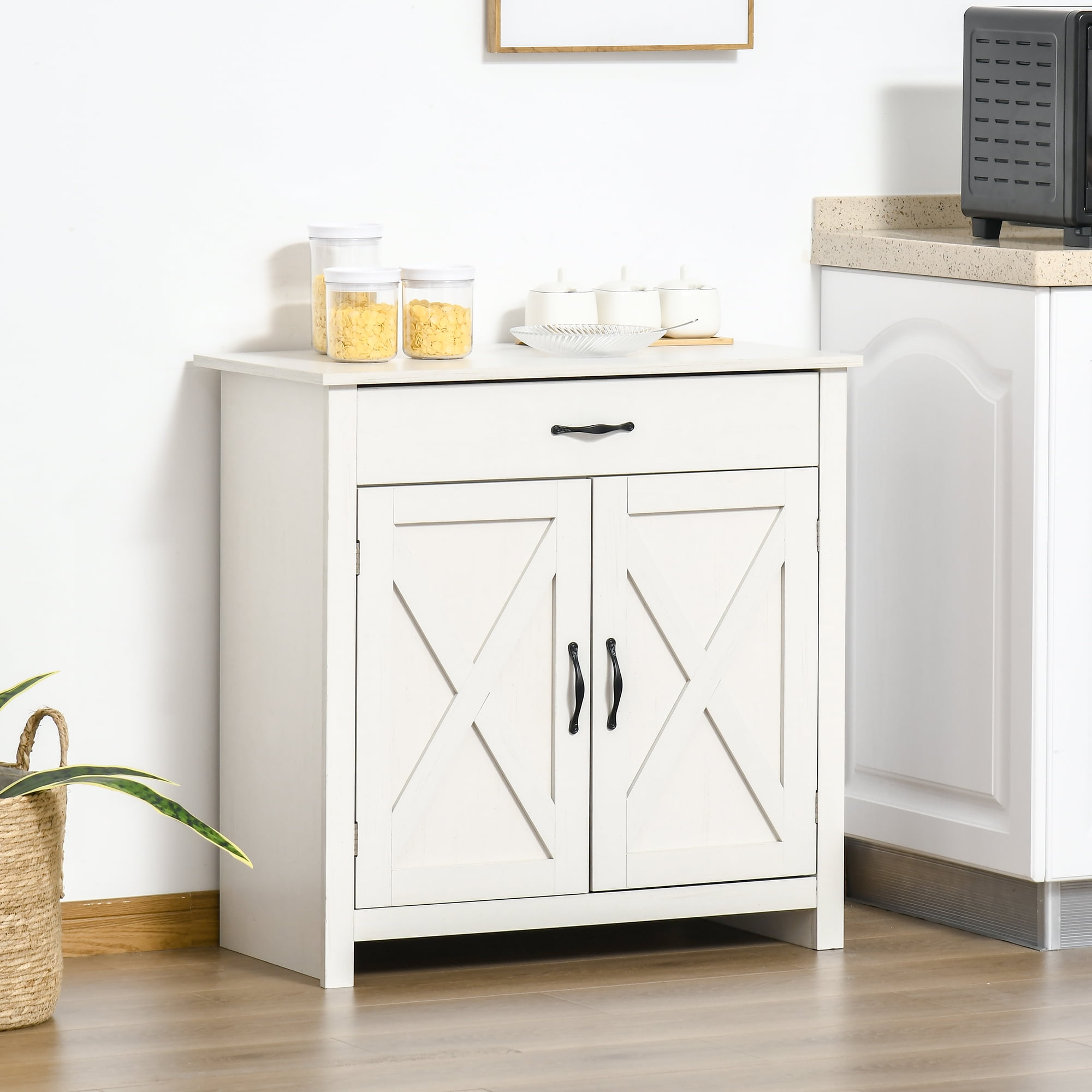 HOQBN Farmhouse Sideboard Cabinet with Barn Doors Kitchen Buffet Cabinet with Drawer and Adjustable Shelf White