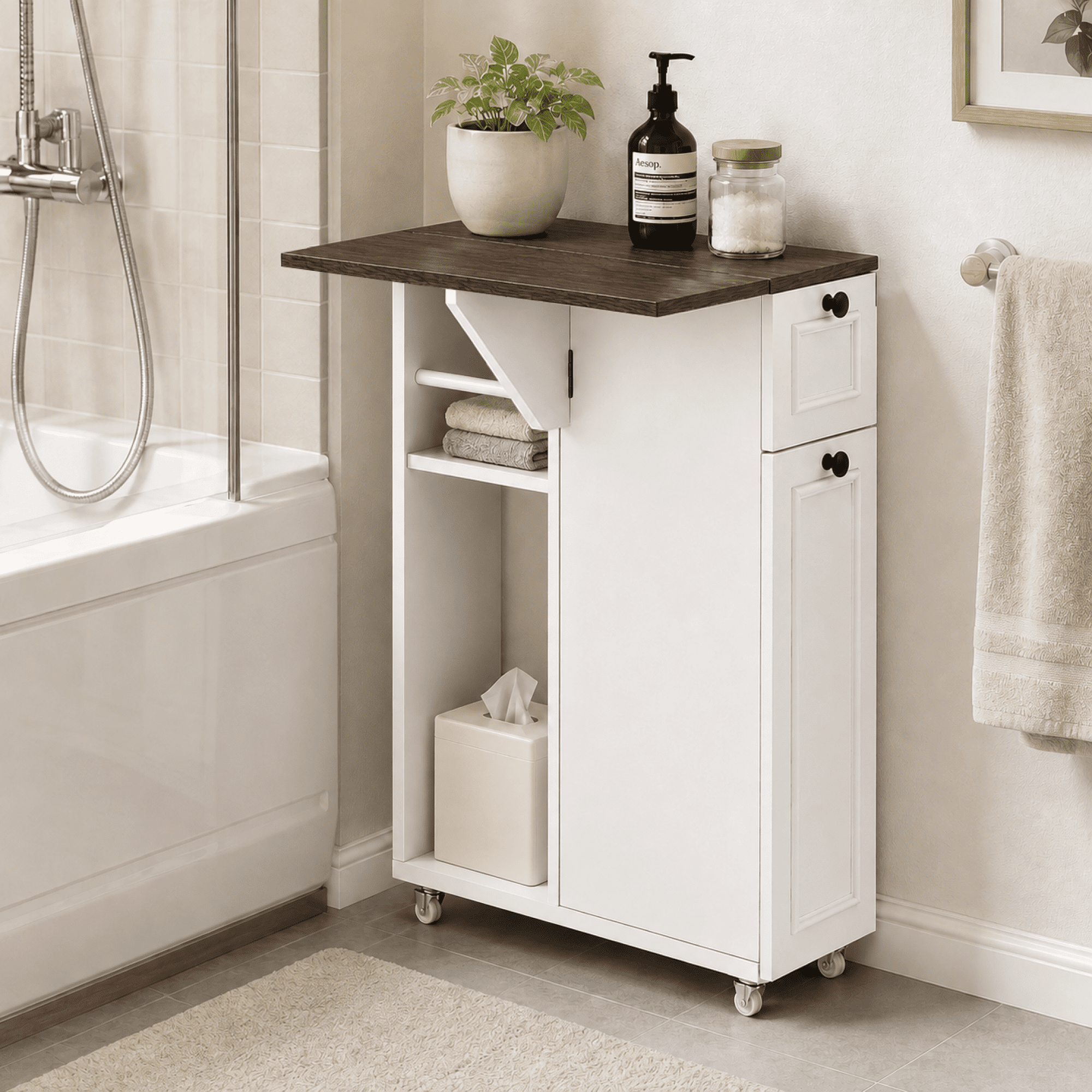 HOQBN Flip-Top Narrow Bathroom Storage Cabinet with Rolling Wheels,Slim Side Table Bathroom Organize Cabinet for Small Spaces,White