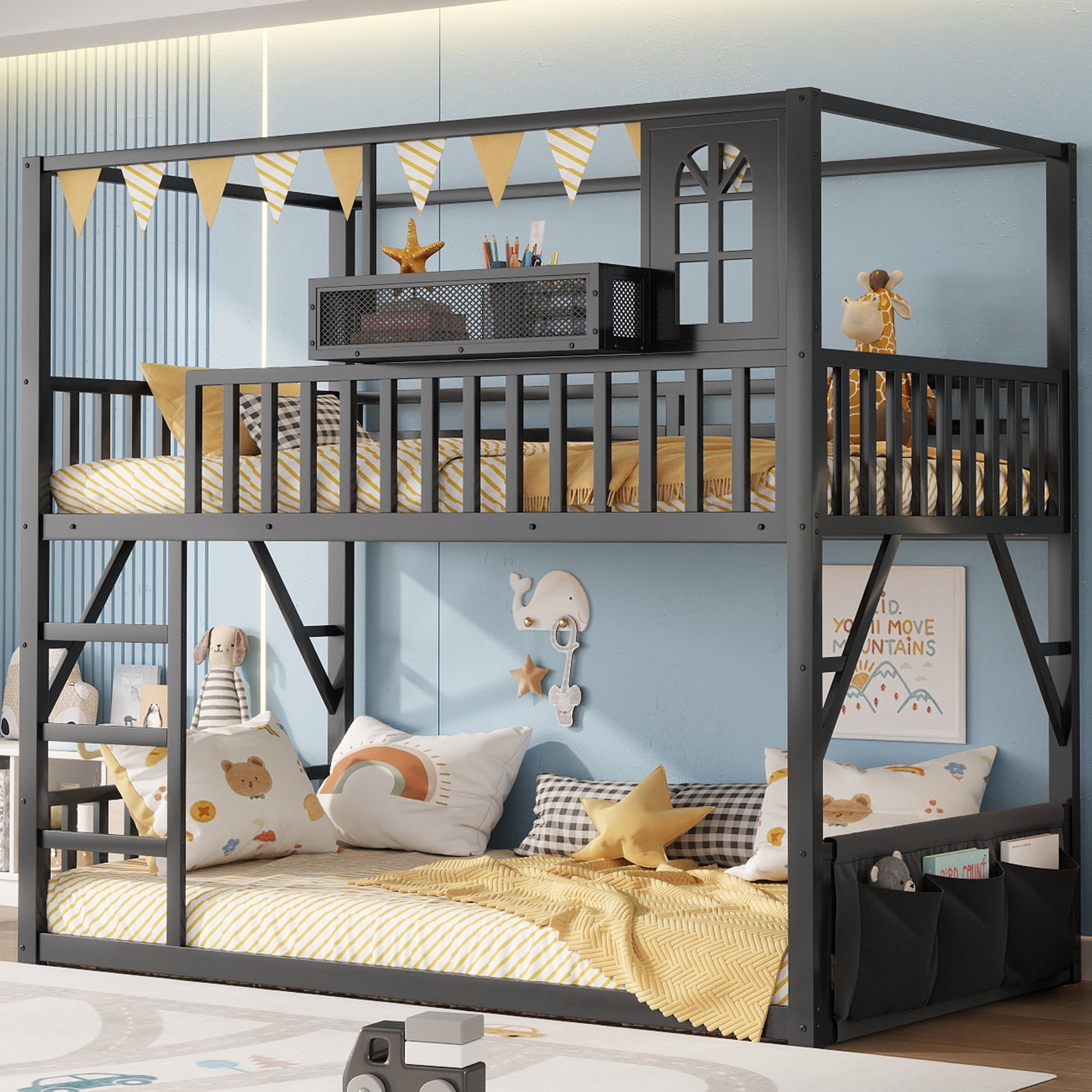 HOQBN Floor Bunk Bed Twin Over Twin,Metal Low Bunk Bed Frame with Storage Shelves and Storage Bag,Black