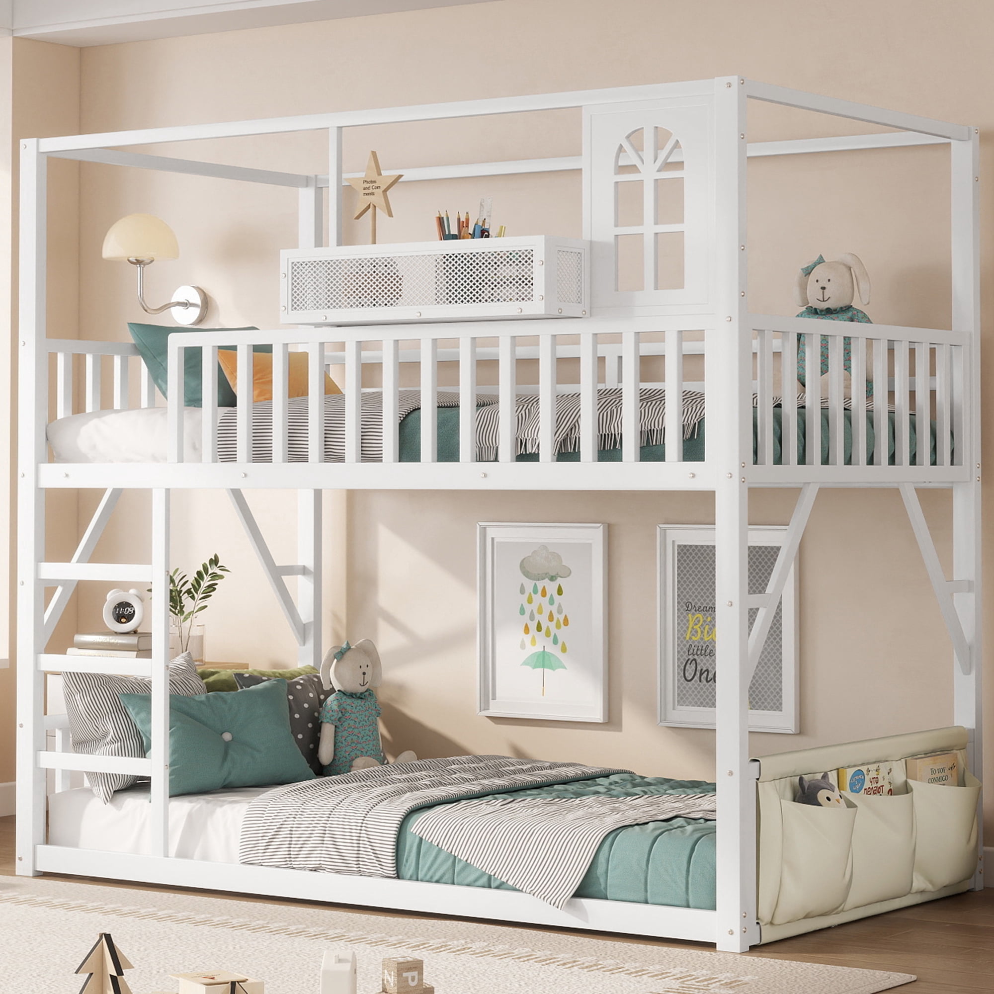 HOQBN Floor Bunk Bed Twin Over Twin,Metal Low Bunk Bed Frame with Storage Shelves and Storage Bag,White
