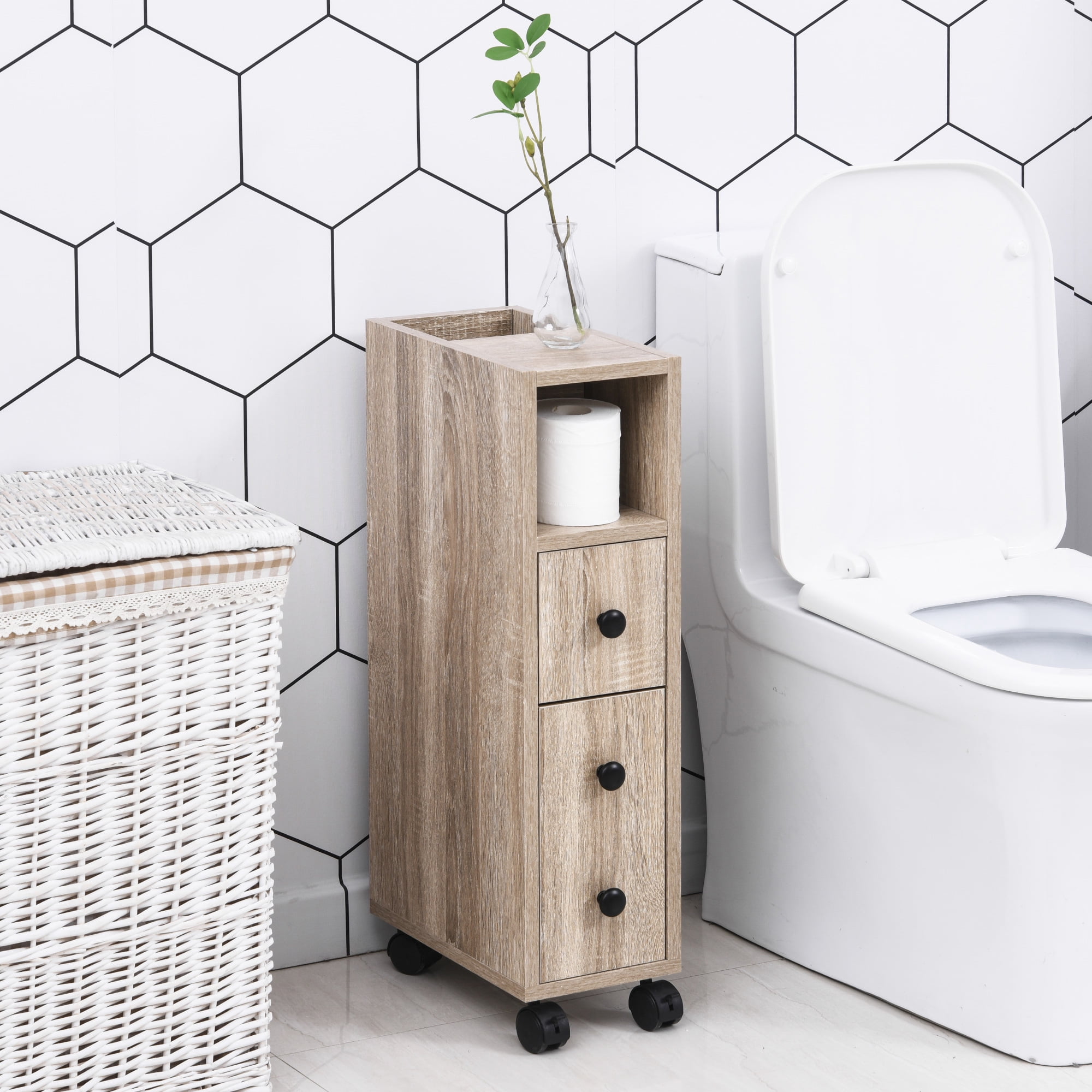 HOQBN Freestanding Compact Design Bathroom Cabinet with 2 Open Cabinets, 1 Door Cabinet, 1 Drawer and 4 Rolling Wheels, Oak